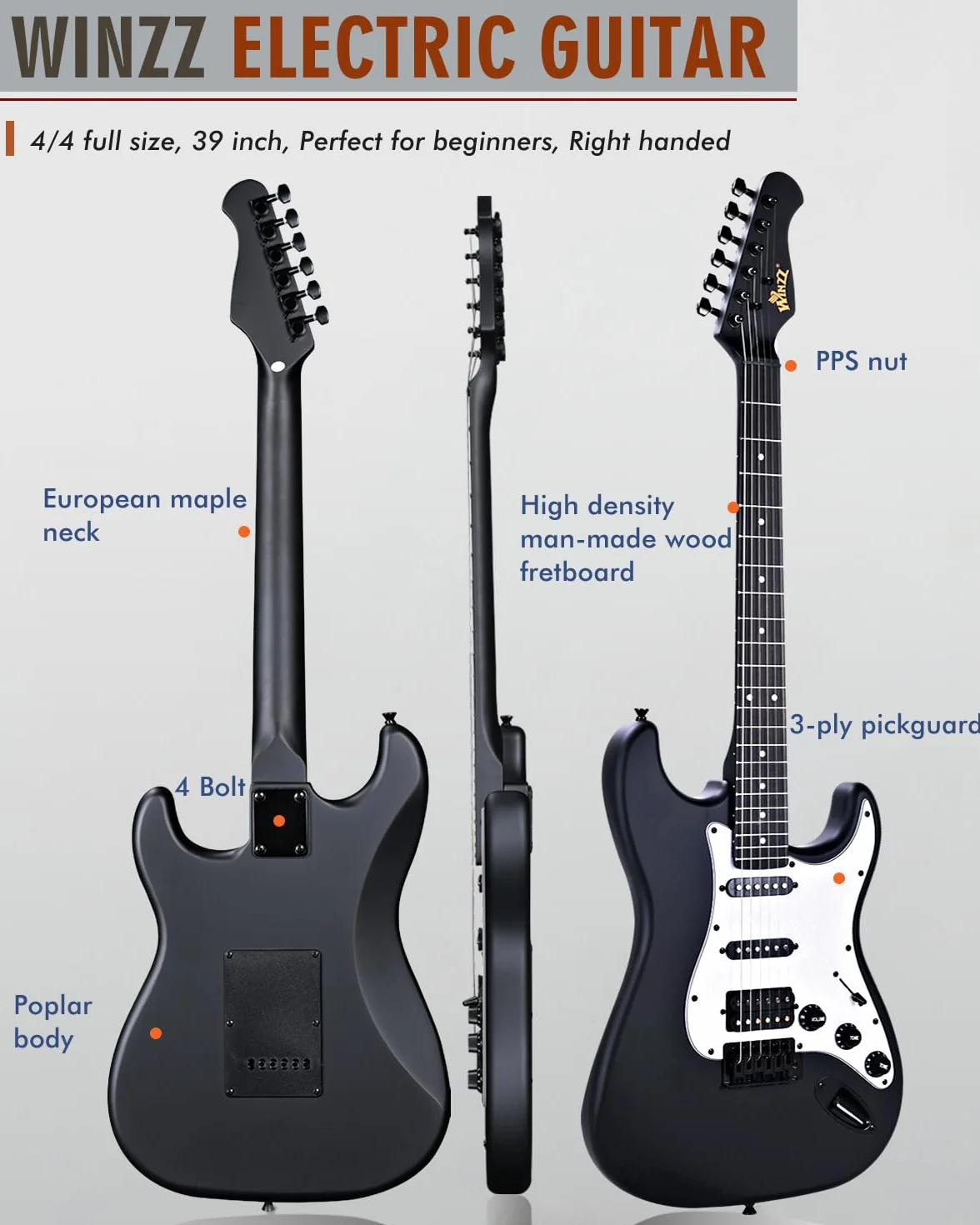 Winzz Gitara elektryczna 4/4 dla dorosłych, ST HSS, zestaw dla początkujących z 12 akcesoriami, dla dzieci 12+ lat (99,1 cm, czarny matowy, biała płytka ochronna)