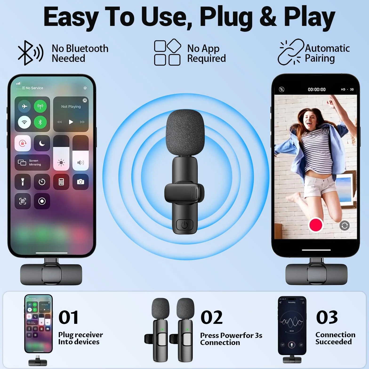 Bezprzewodowy Mikrofon Klapkowy, Miniaturowy Mikrofon Klipsowy Plug-and-Play z Redukcją Szumu, Kompatybilny z iPhone, iPad, Android, Do Nagrywania Wideo, TikTok, YouTube, Transmisji na Żywo