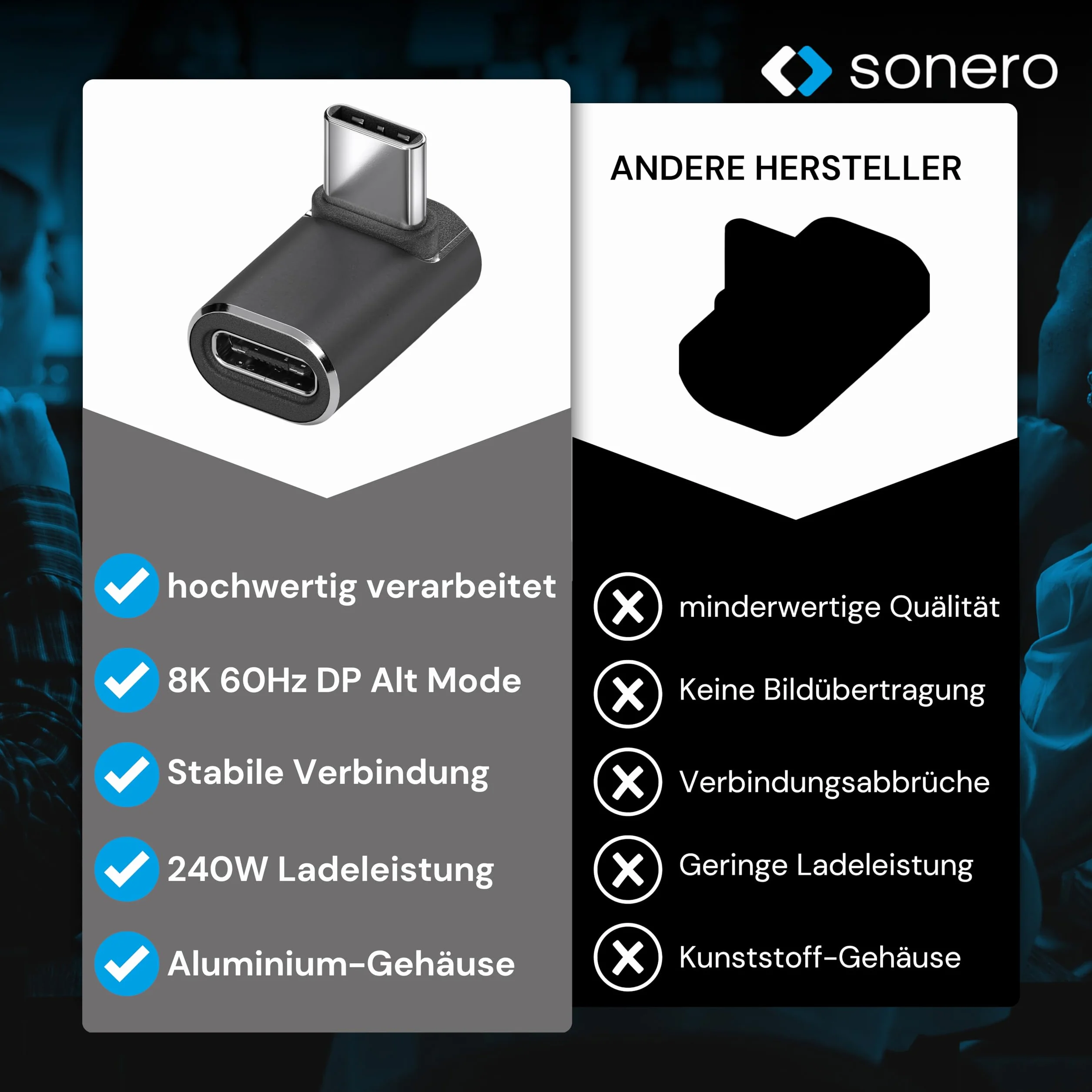 Sonero Wtyczka USB-C do gniazda USB-C kątowego 90° (1 sztuka), adapter, adapter USB-C 40 Gbps, 240 W, 8K60Hz, aluminiowa obudowa, czarna