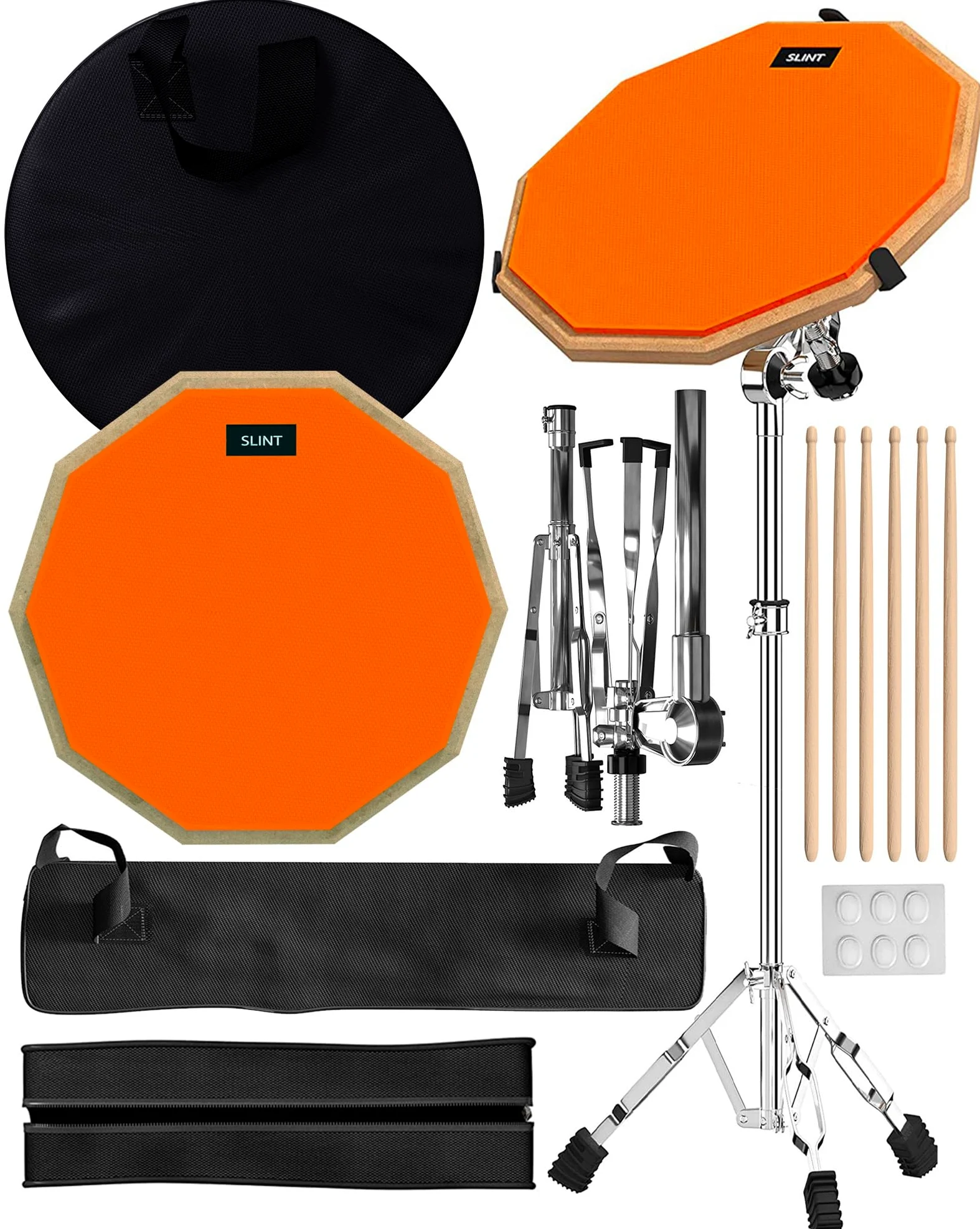 Slint Übungs Drum Pad Snare Drum Stand & Schlagzeug Sticks - Doppelseitiges 30 cm Drum Pad Set & 10 cm Snare Drum - Leises Drumpad Set, Drumpad Ständer & Drumsticks - Schlagzeug Erwachsene & Kinder