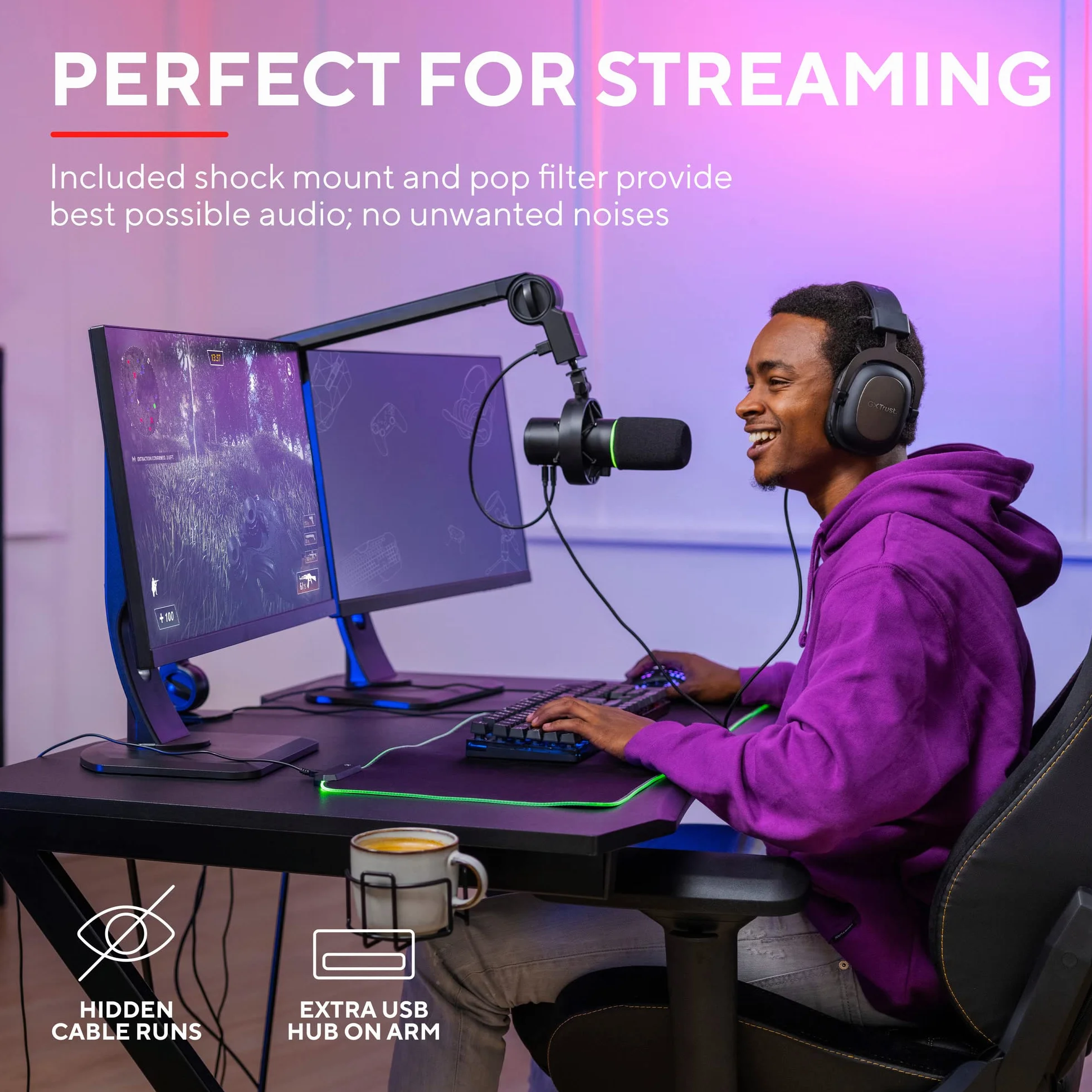 Trust Gaming GXT 255+ Onyx Mikrofon Streamingowy Studyjny z Ramieniem, Pop Filter i Kosz Antywibracyjny, Mikrofon Komputerowy USB z Wysięgnikiem, Podcast, ASMR, Nagrywanie Muzyki, Stream, Gry