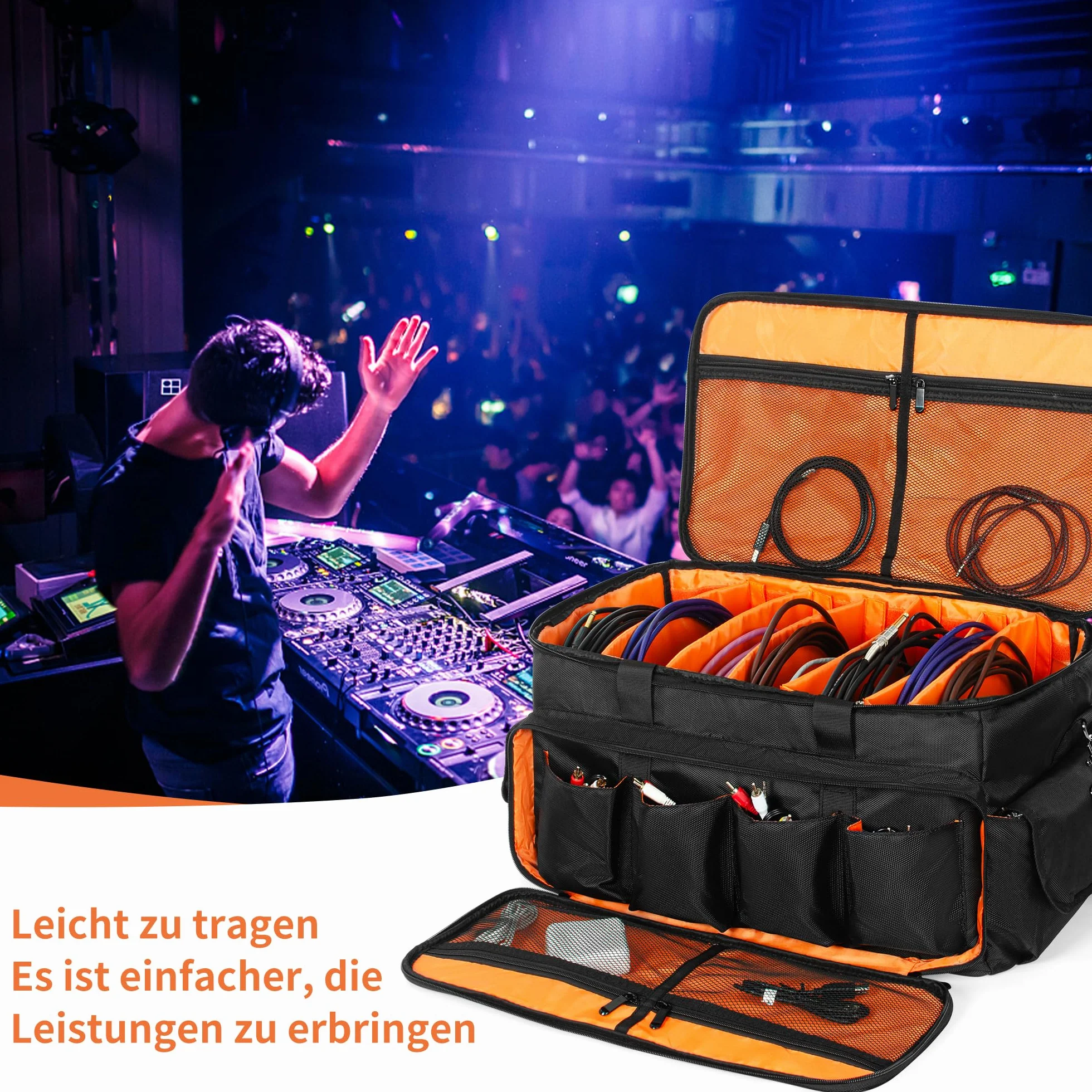 OUUTMEE Torba DJ kabel, regulowane ścianki działowe i dwie oddzielne kieszenie, 50 x 30 x 30 cm, do profesjonalnego sprzętu dj, torba kable na instrumenty muzyczne i akcesoria, czarny