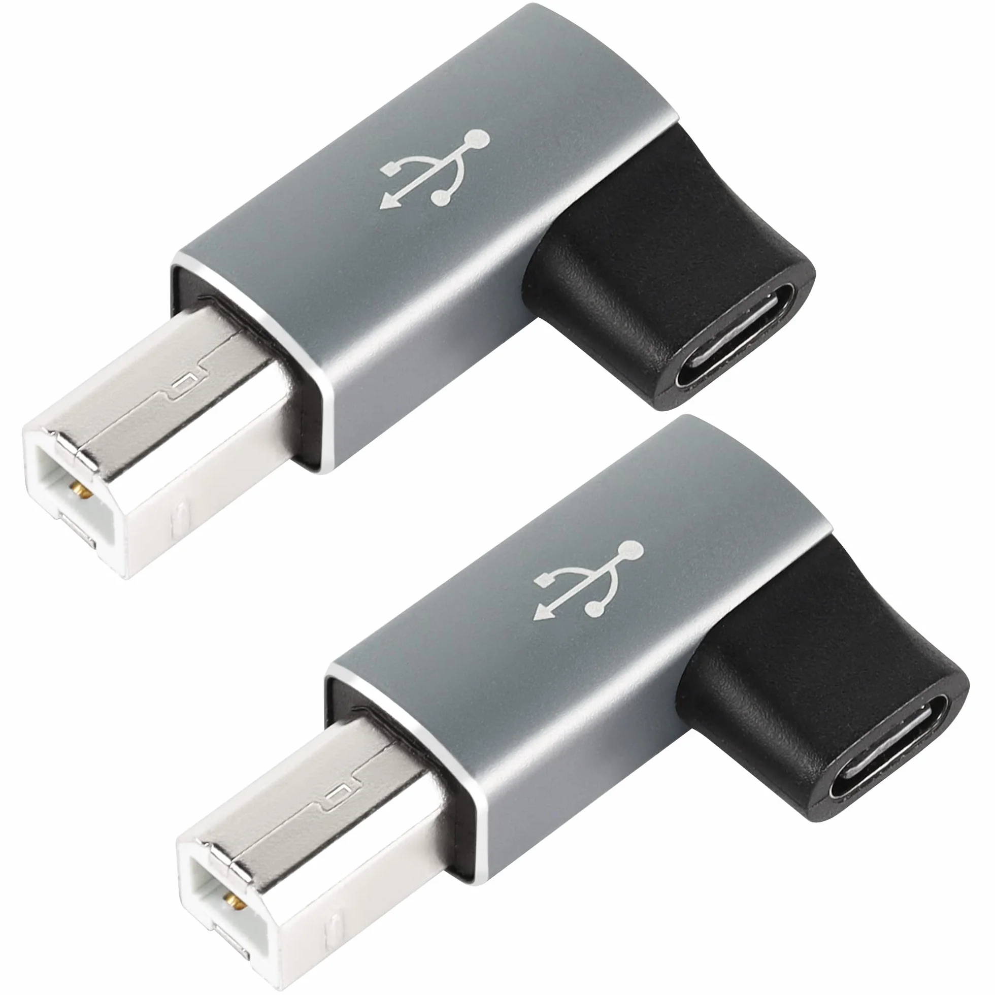 QIANRENON Kąt 90° konwerter adaptera USB C na MIDI żeński do USB B dla drukarki, MIDI pianino elektryczne, perkusja elektroniczna, 2 szt., szary