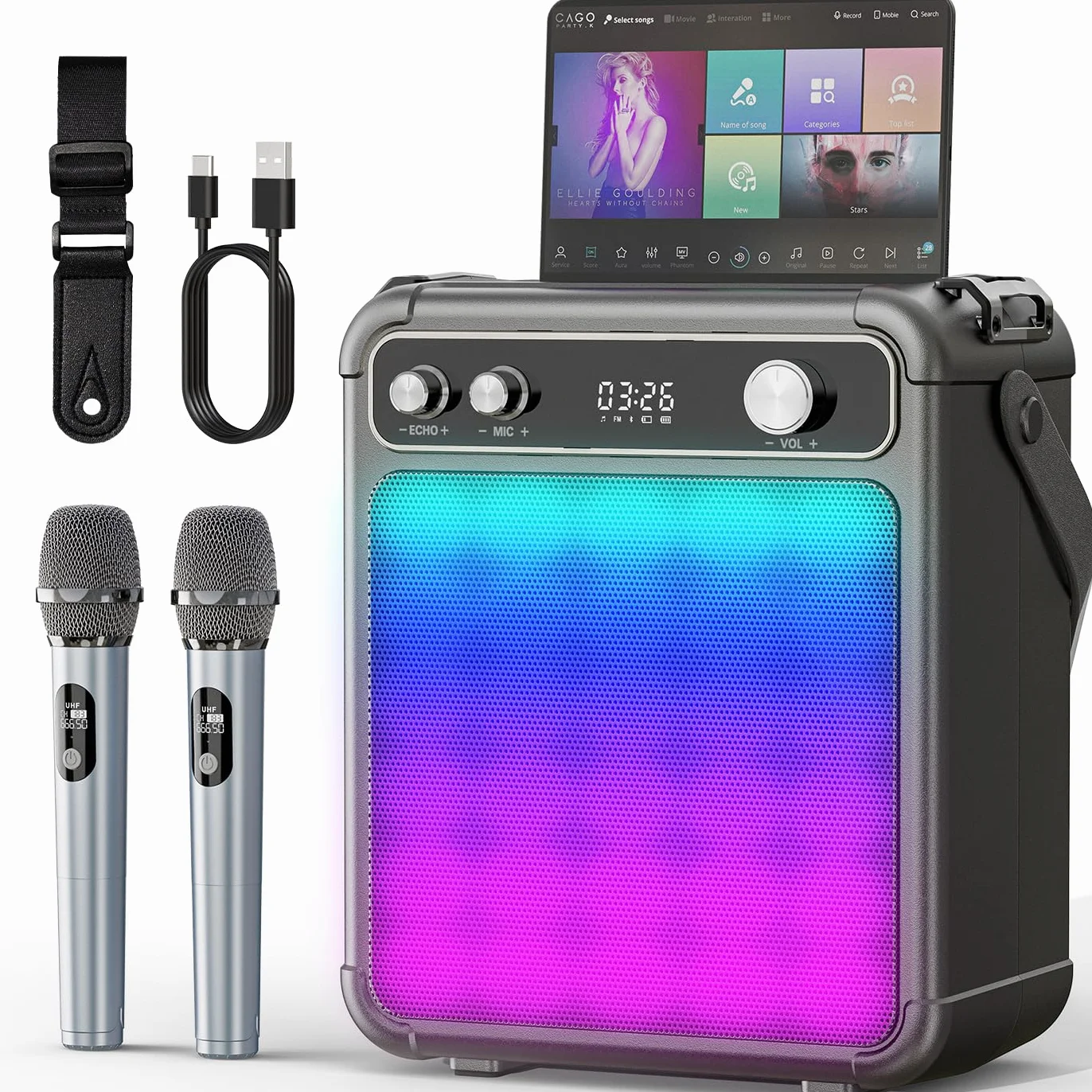 Zestaw karaoke z 2 bezprzewodowymi mikrofonami dla dorosłych, przenośny głośnik Bluetooth do karaoke ze światłami LED/ECHO, obsługuje TF, USB, AUX, TWS na imprezy, na zewnątrz