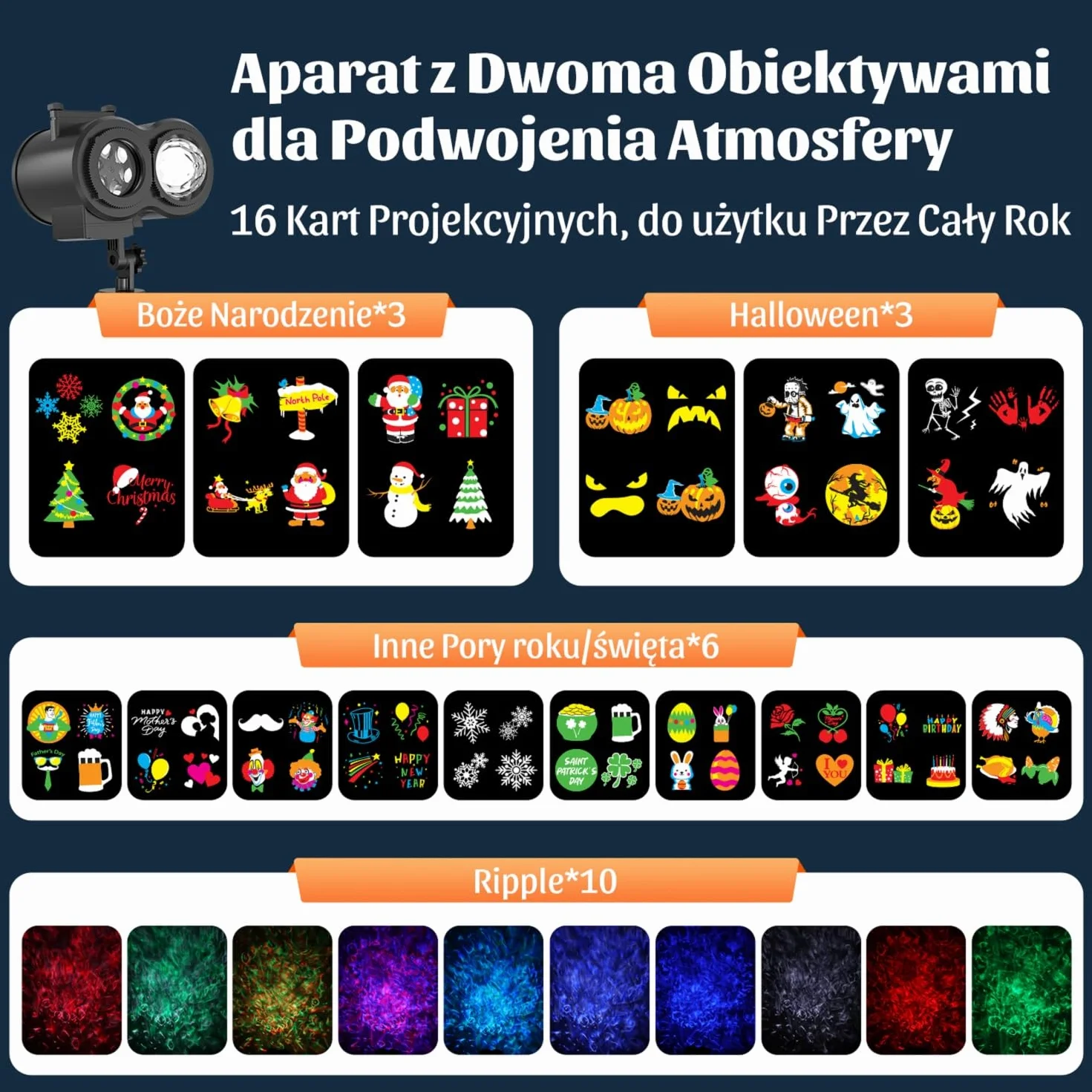 OUSFOT Projektor na Halloween, 16 Slajdów, Projektor Zewnętrzny z Pilotem, 4-Kolorowe Fale Wodne, na Halloween, Urodziny, Imprezę, Sylwestra, Prezent