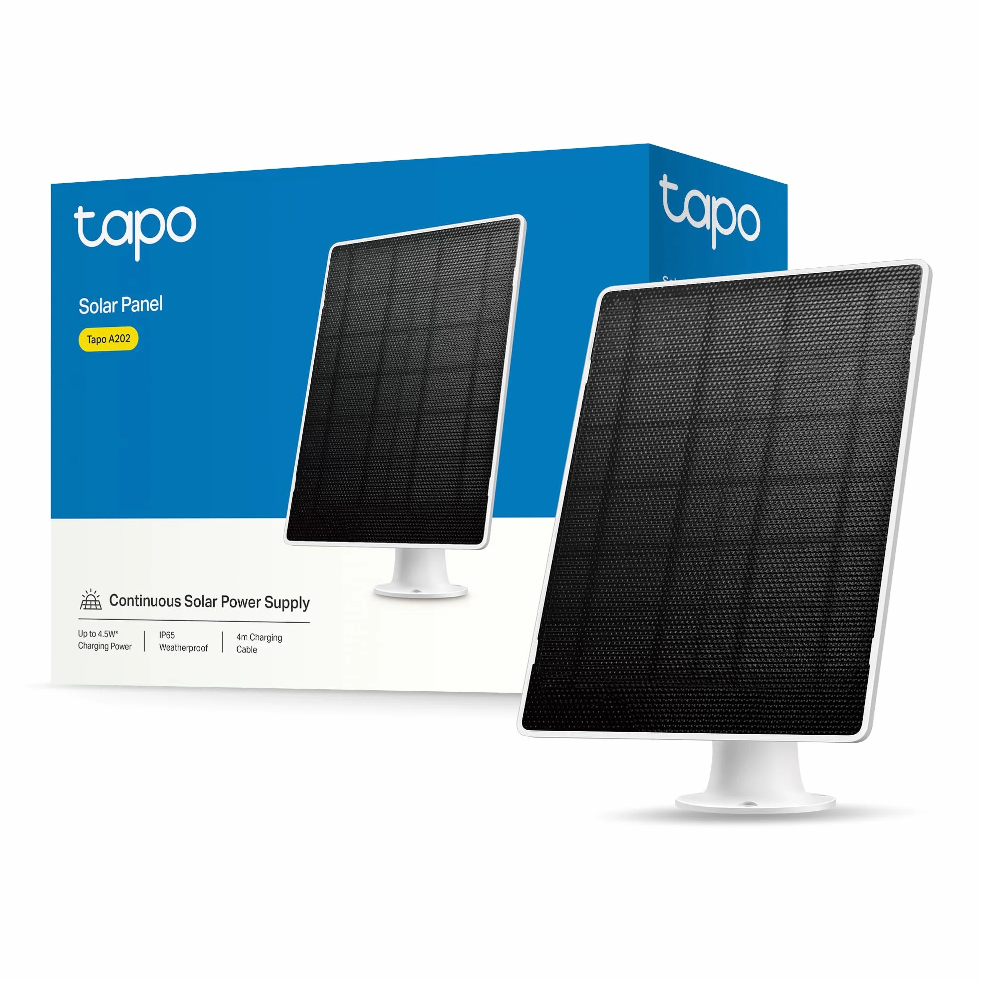 Tapo Panel słoneczny A202 4,5 W, 5,2 V, odpowiedni do baterii Tapo kamery, elastyczna instalacja, ładowanie o wysokiej wydajności, IP65, regulowany 360°, kabel do ładowania 4 m