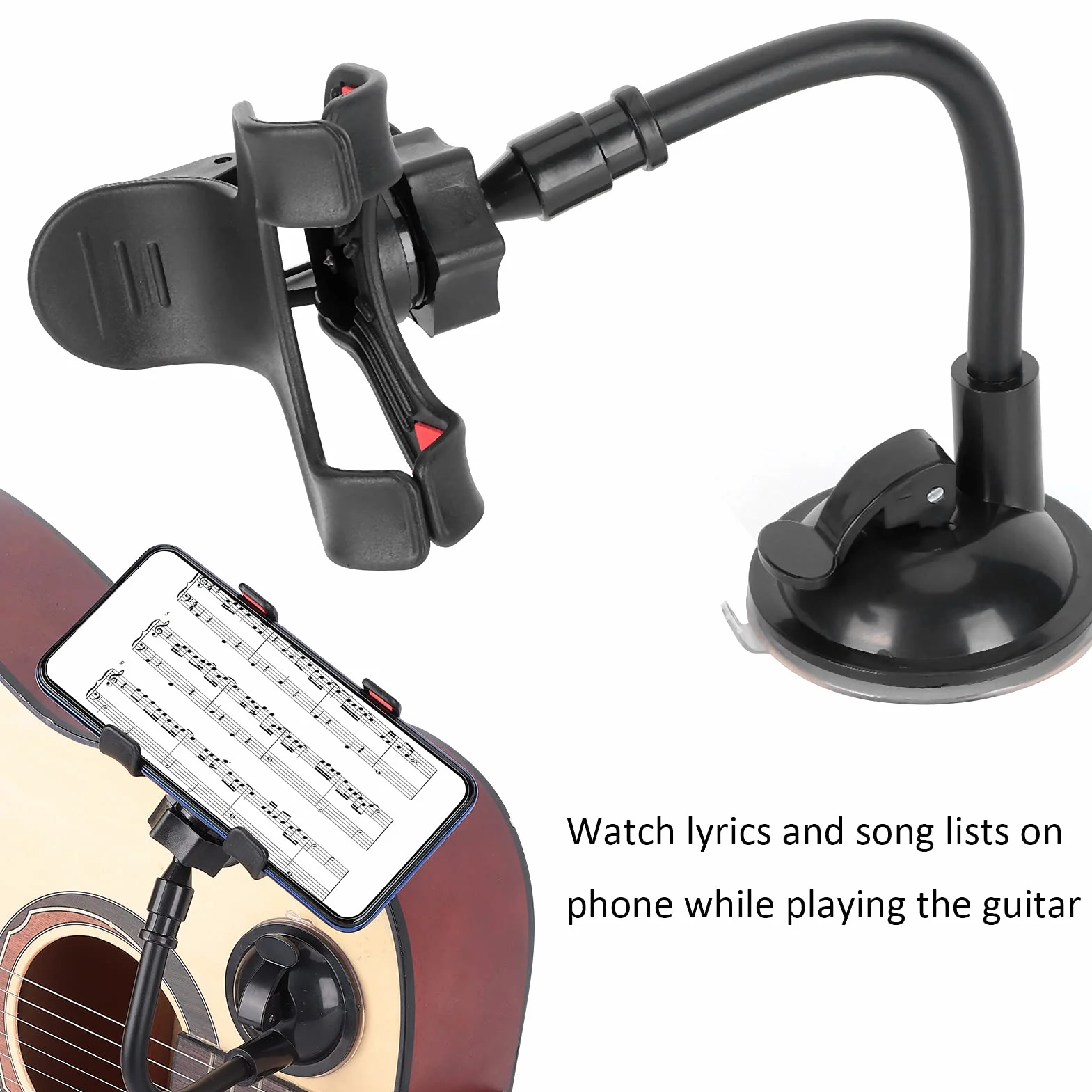 Obrotowy uchwyt na telefon gitarowy o 360 stopni, uchwyt na klips do smartfonów (rozmiar: 12 x 6 cm / 4,7 x 2,4 cala i poniżej), bezpieczny i stabilny, praktyczny do gry na gitarze, nagrywania