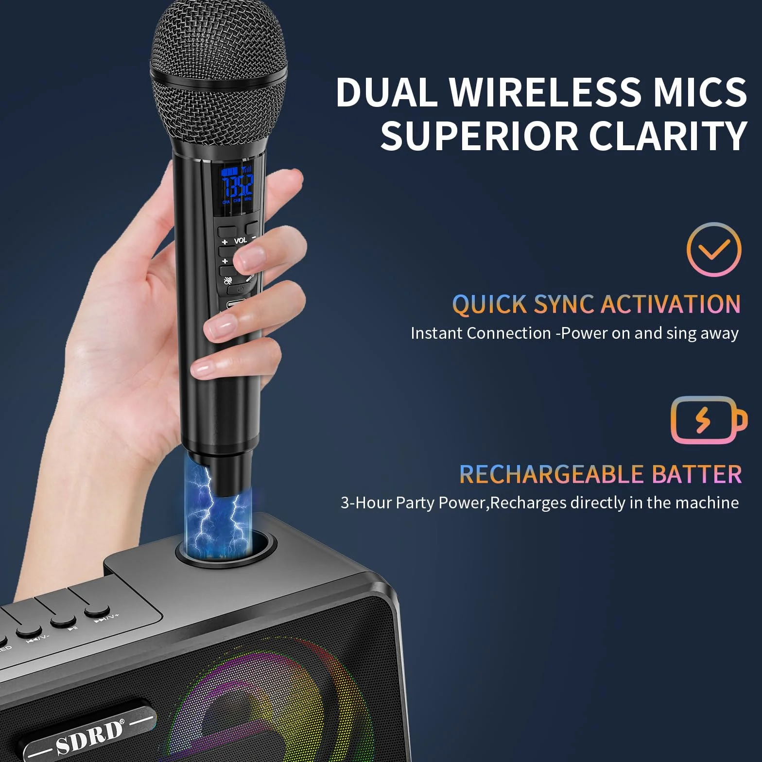 Maszyna do karaoke dla dorosłych i dzieci, 2 mikrofony UHF, głośniki Bluetooth, system PA z lampami, uchwyt na telefon, idealna na imprezę, piknik,