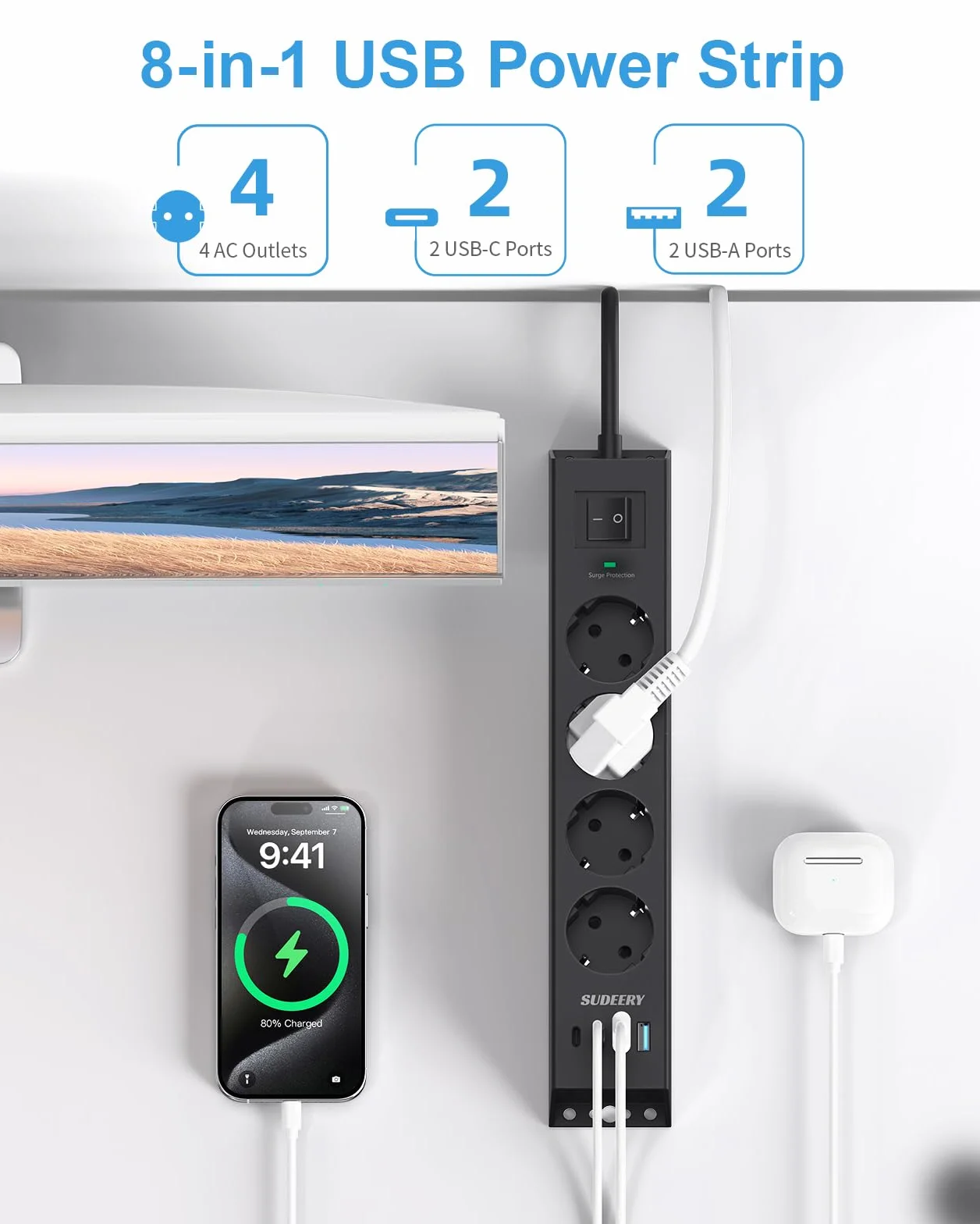 Listwa zasilająca z 4 gniazdami z USB C, listwa zasilająca 8 w 1, montaż ścienny, z przełącznikiem i kablem 2 m, z zabezpieczeniem przed przepięciem, do biura, kuchni (czarna)