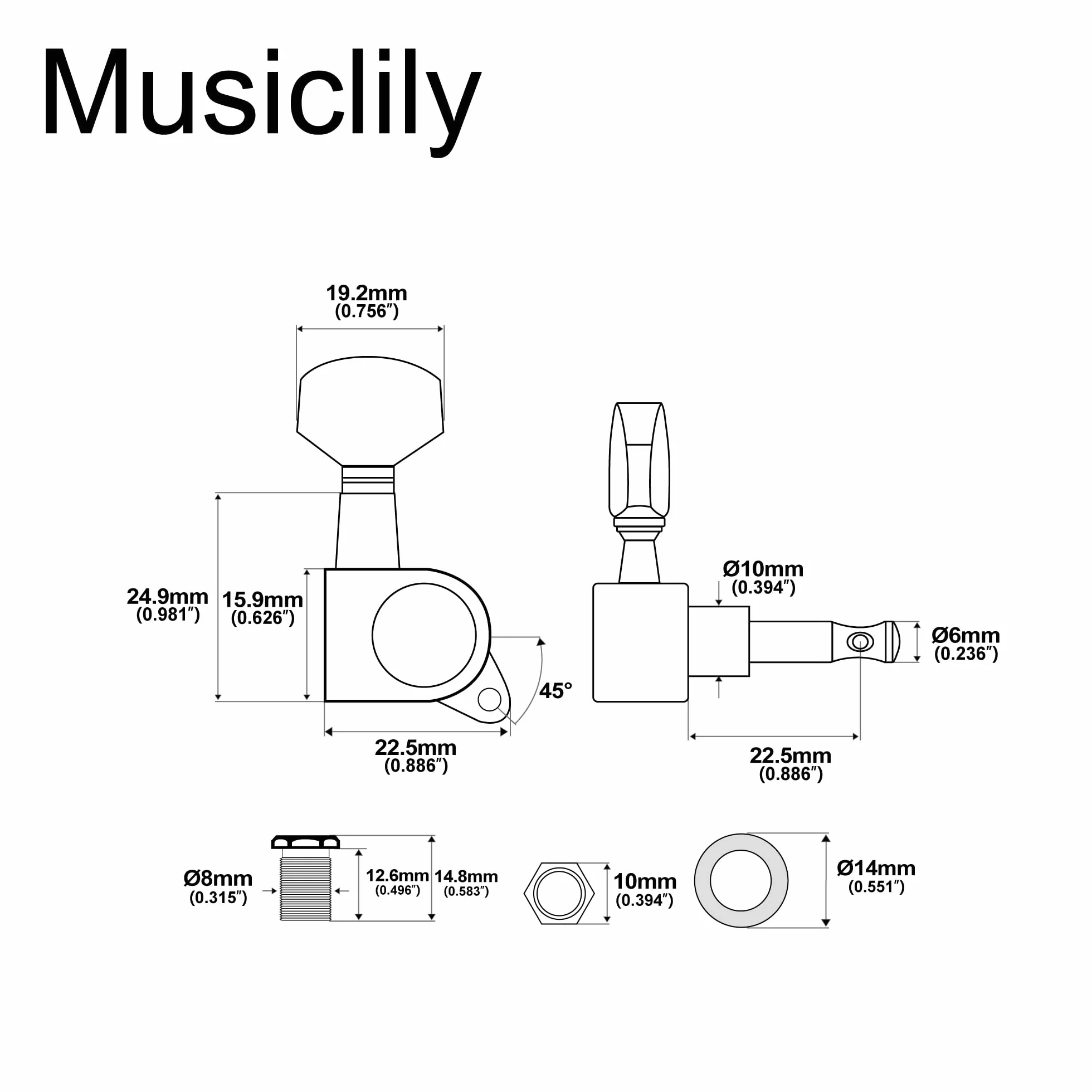 Musiclily 6 w Linii Klucze Gitaryowe Tunery Kołki do Strojenia do Gitary Elektrycznej Fender Strat Tele, Czarny