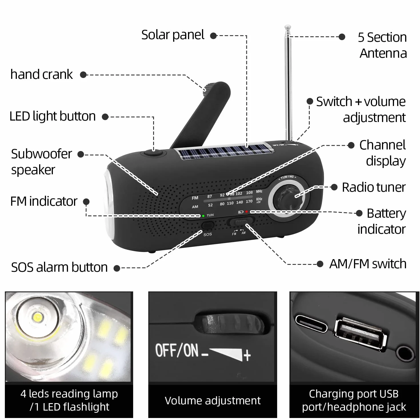 Journy Solar Radio, radio korbowe, radio awaryjne korby, radio dynamo z AM/FM, wbudowana bateria 2000 mAh, 4 tryby latarki LED, alarm SOS dla sytuacji awaryjnych na zewnątrz