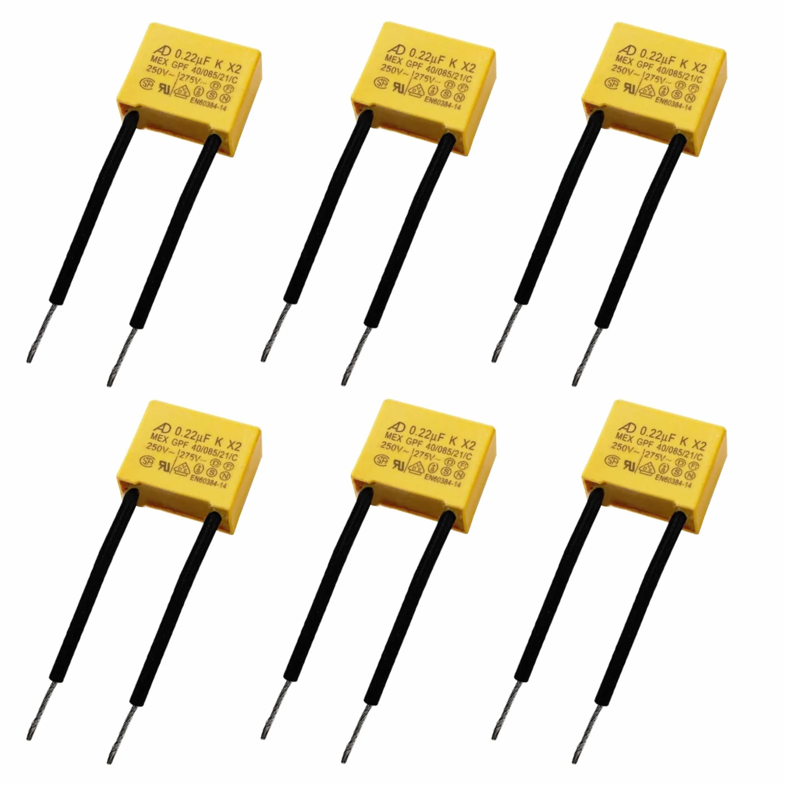 6 szt. Kondensator Polipropylen Anti Interference 0,22µF 275V X2 2 Przewody Polipropylen Metaliczna folia kondensatorowa
