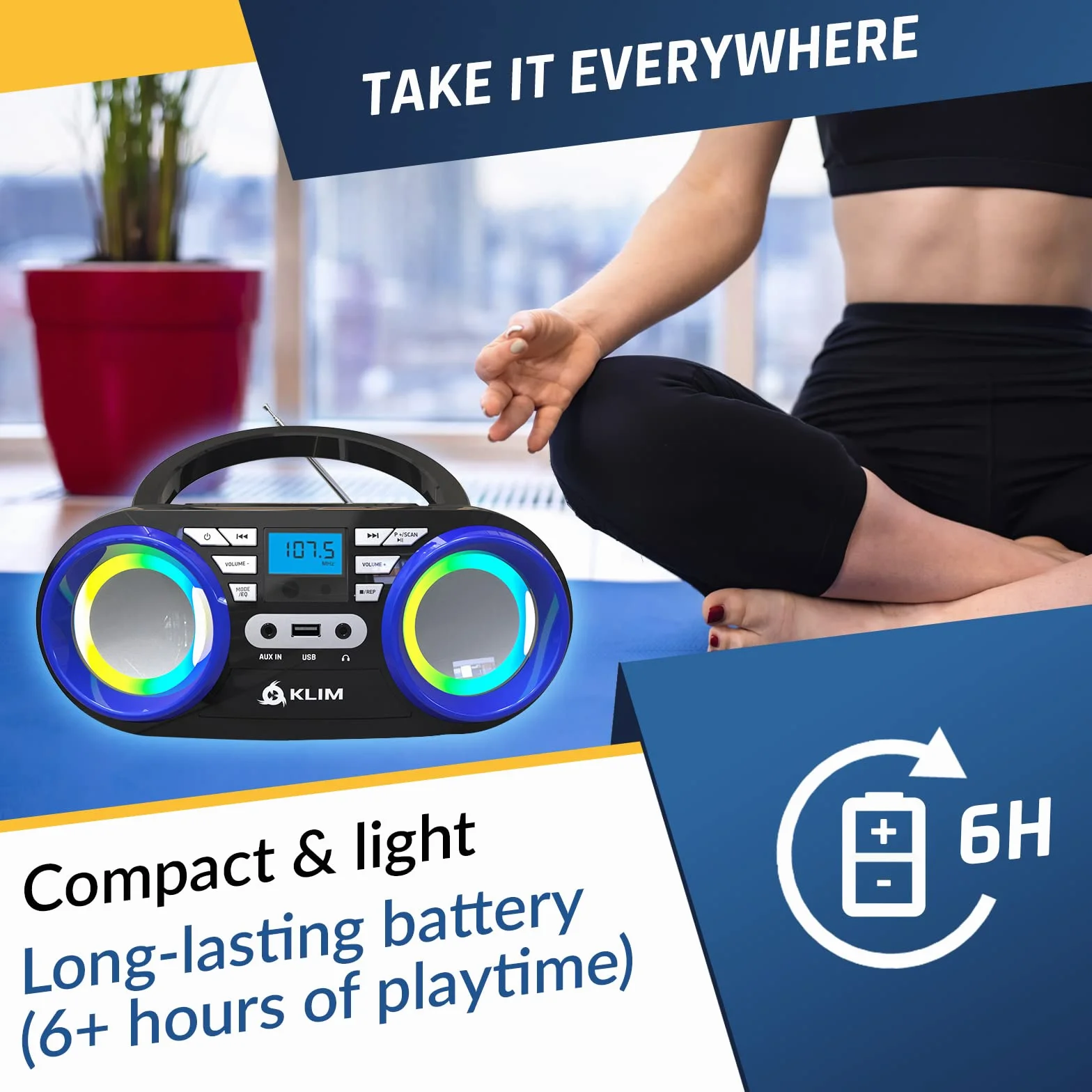KLIM Boombox B3 przenośny odtwarzacz CD – Nowość 2024 – radio FM, CD, Bluetooth, USB, MP3, Boombox CD, tryb przewodowy i bezprzewodowy z bateriami do ładowania, obiektyw laserowy, przenośny odtwarzacz