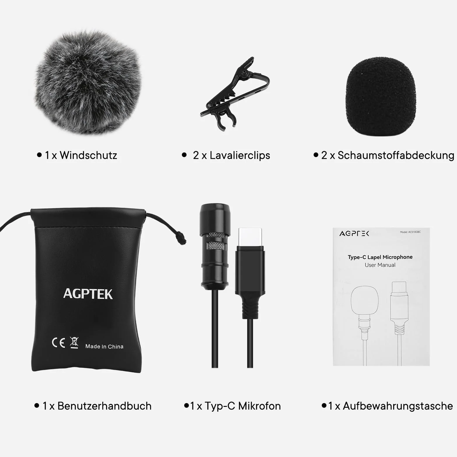 AGPTEK mikrofon lavalier typu C do iPhone'a 15, 2 m, wielokierunkowy do laptopów Android Macbook