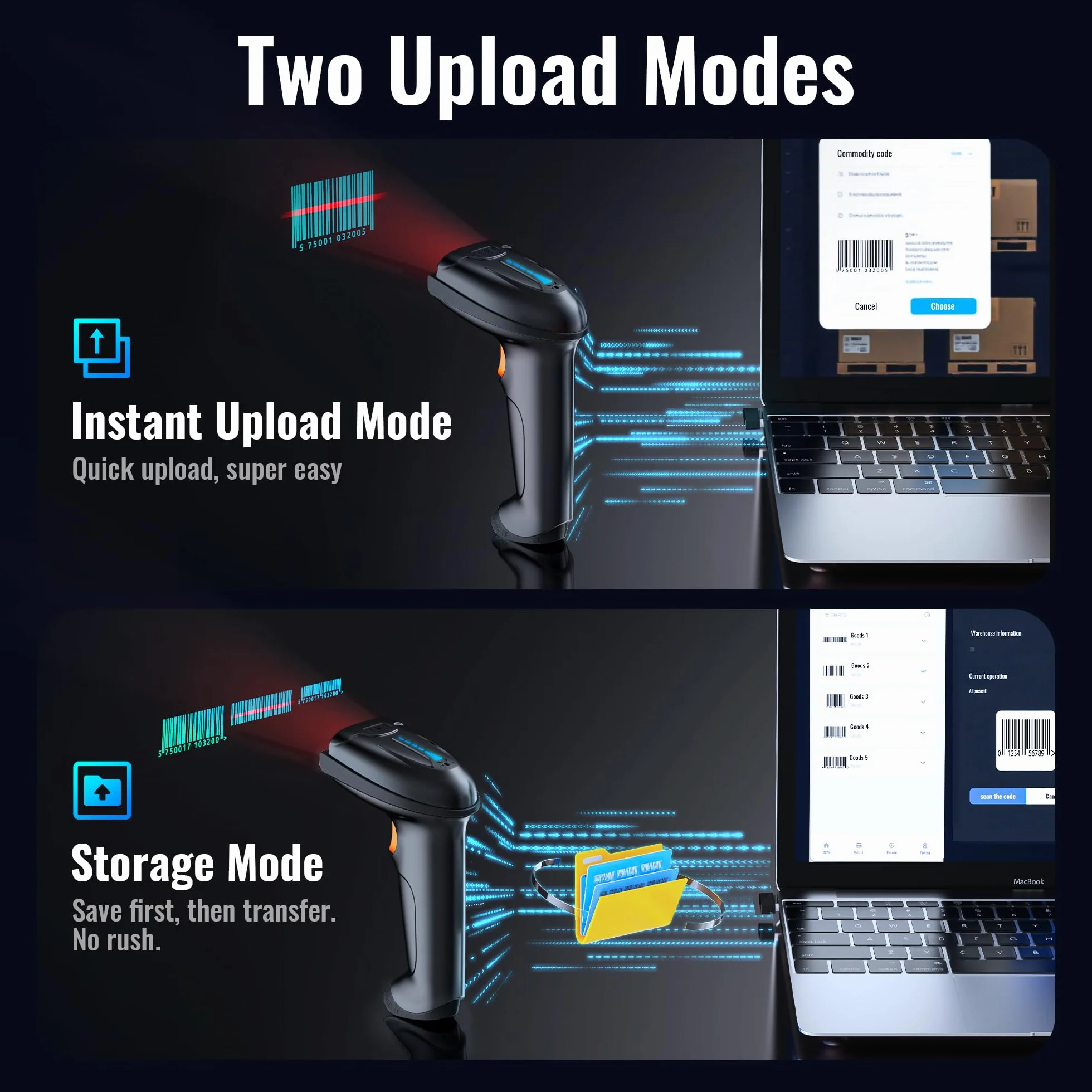 Tera Skaner kodów kreskowych 1D, 2D, QR, bezprzewodowy, 2,4 GHz + przewodowy USB 2.0, przewodowy, ręczny skaner kodów kreskowych, rozdzielczość 5 mil, zasięg 100 m, obsługuje skanowanie ekranu, D5100