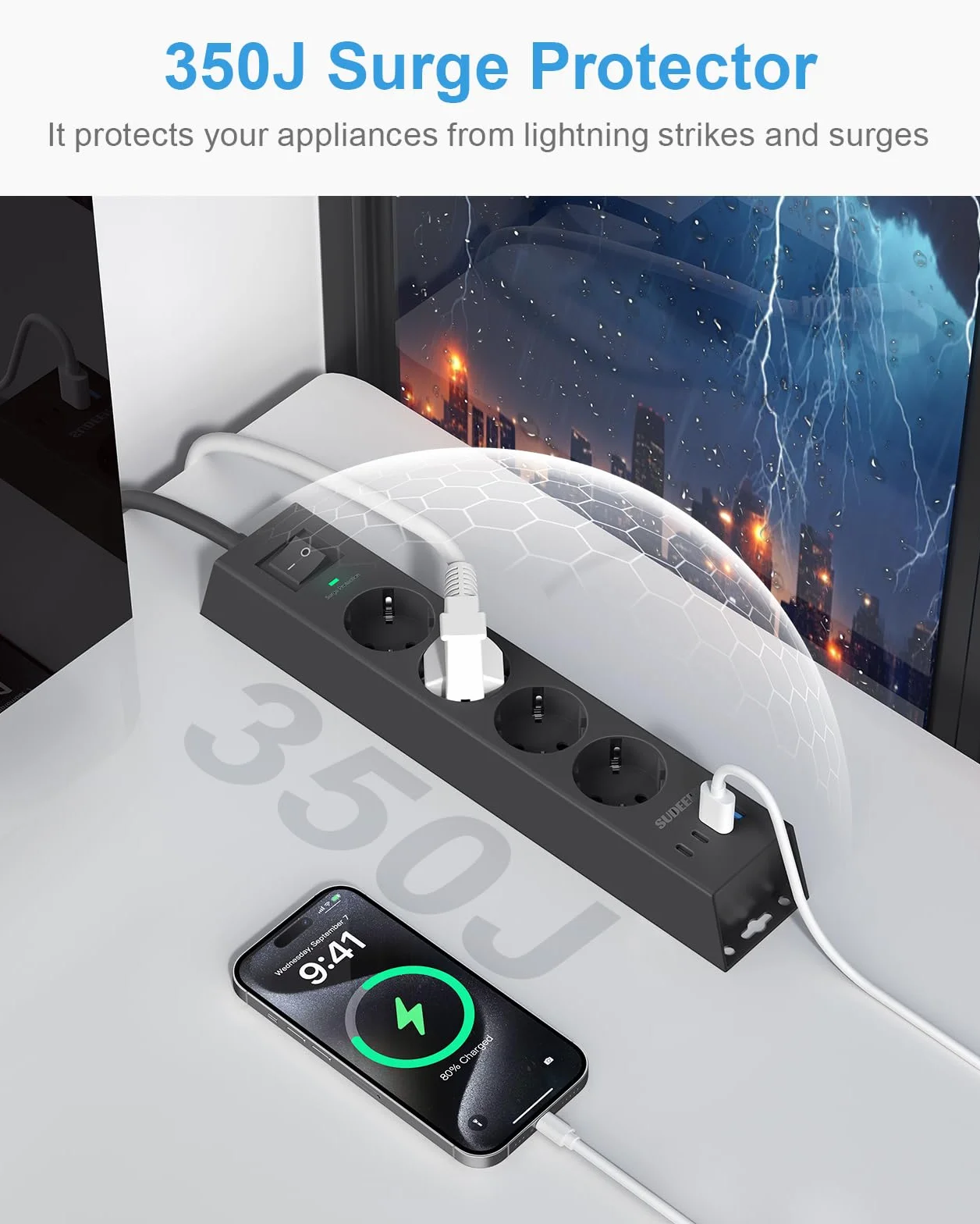 Listwa zasilająca z 4 gniazdami z USB C, listwa zasilająca 8 w 1, montaż ścienny, z przełącznikiem i kablem 2 m, z zabezpieczeniem przed przepięciem, do biura, kuchni (czarna)