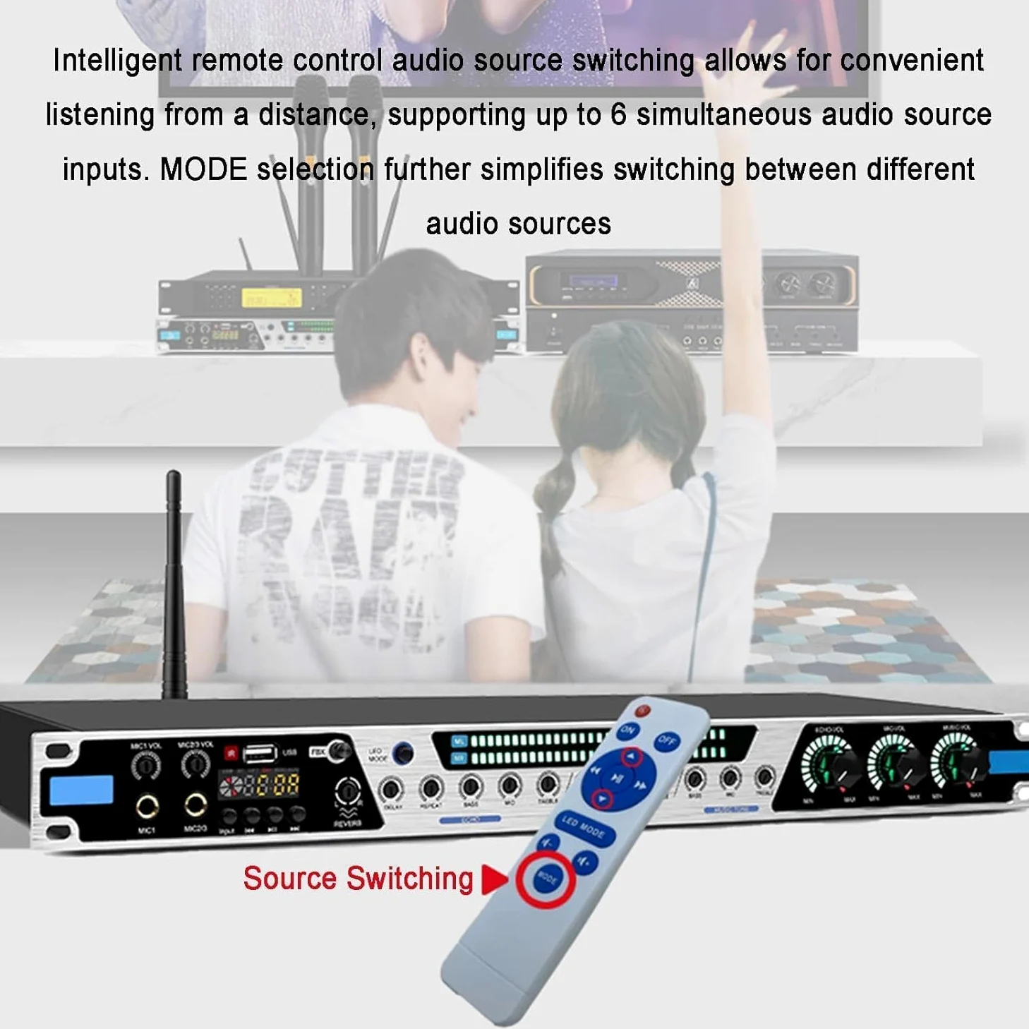 Efekt miksera karaoke, cyfrowy pogłos przedetapowy z wejściem Bluetooth/USB/światłowodowym/koncentrycznym, procesor dźwięku zapobiegający wyciu, 7 rytmów migania światła