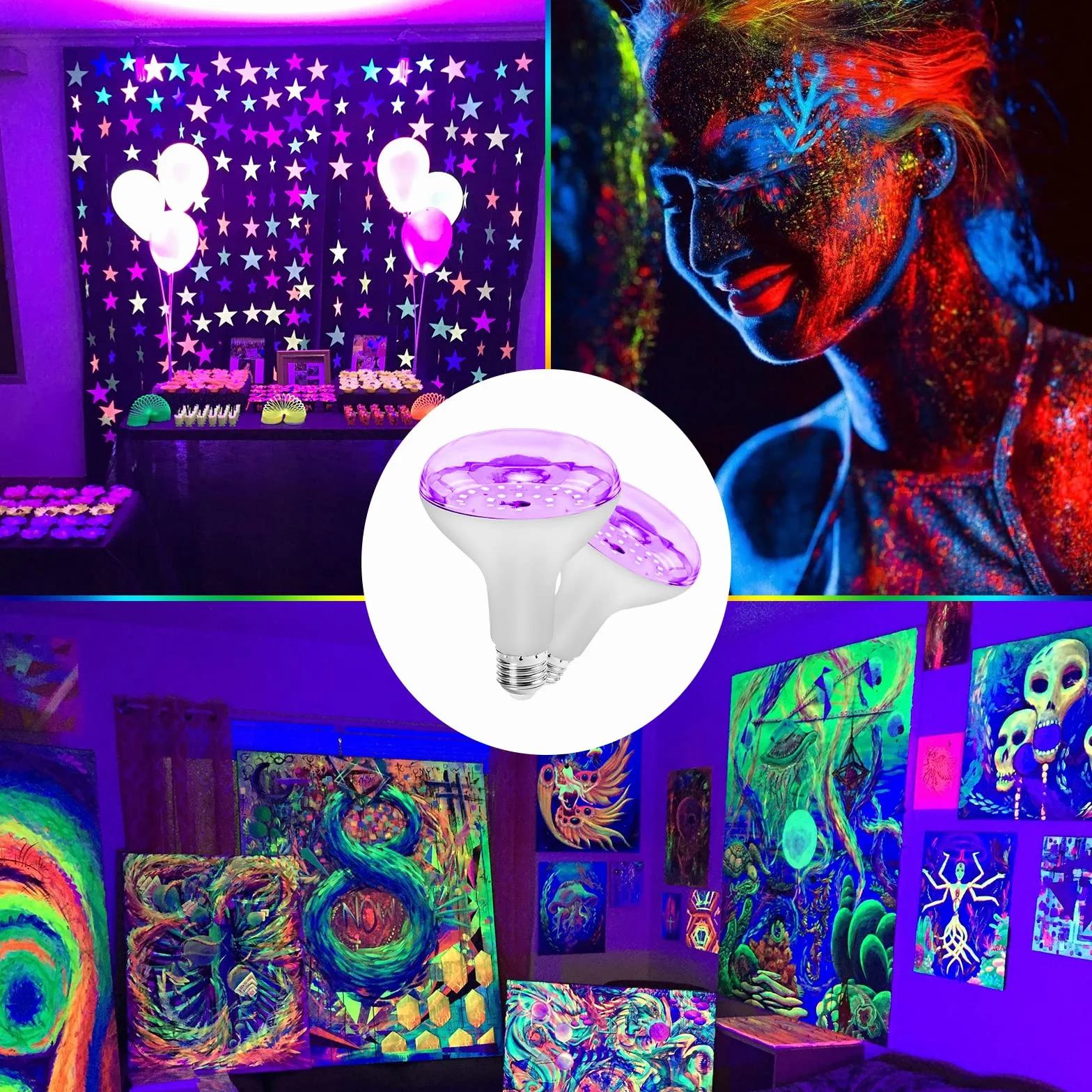 2 szt. E27 15W UV Schwarzlicht Glühbirne, czarna żarówka świetlna 385-400nm UVA Schwarzlichtung, neonfarben partylicht dla Halloween Party Disco Club Bar Körperkuns