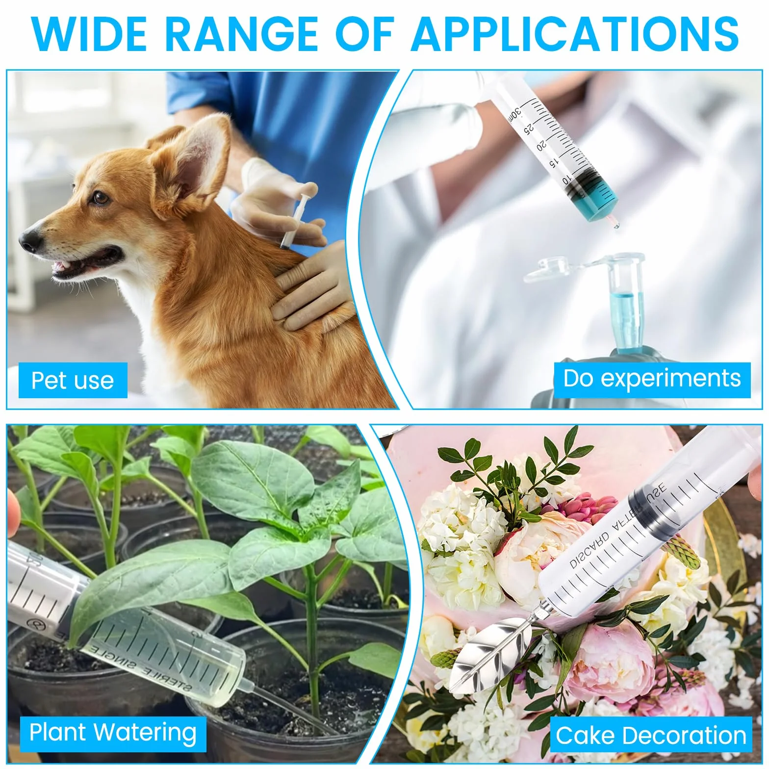Zestaw 6 Strzykawek Wielokrotnego Użytku, 1 ml, 5 ml, 10 ml, 20 ml, 30 ml, 60 ml z Wężem, Do Laboratoriów, Karmienia Zwierząt i Nawadniania Roślin
