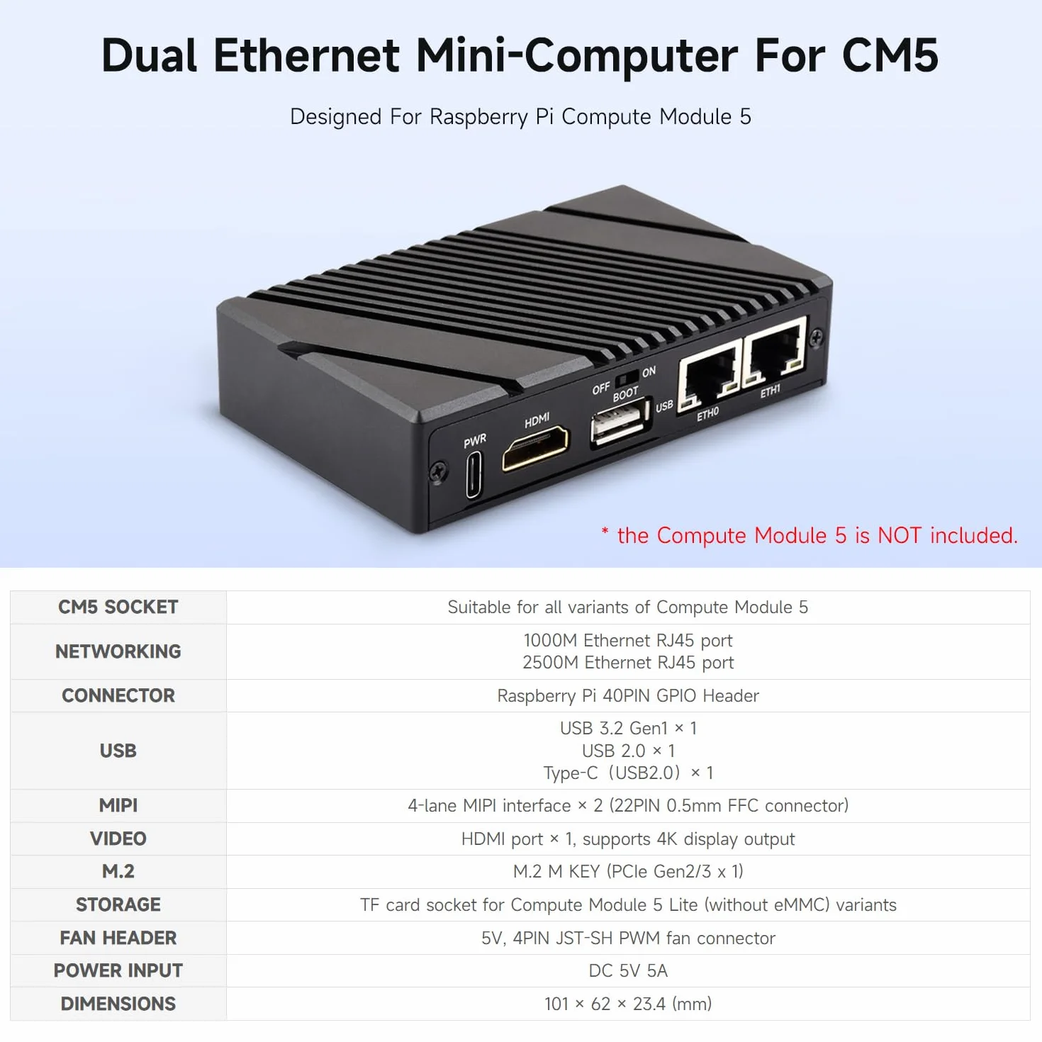 Waveshare CM5-DUAL-ETH-BOX-B, Gigabit/2.5G Dual Ethernet Mini-Computer (B) Based On Pi CM5(NOT Included), Dual RJ45 Ethernet Ports, Support 4K Display Output & Dual MIPI Interfaces