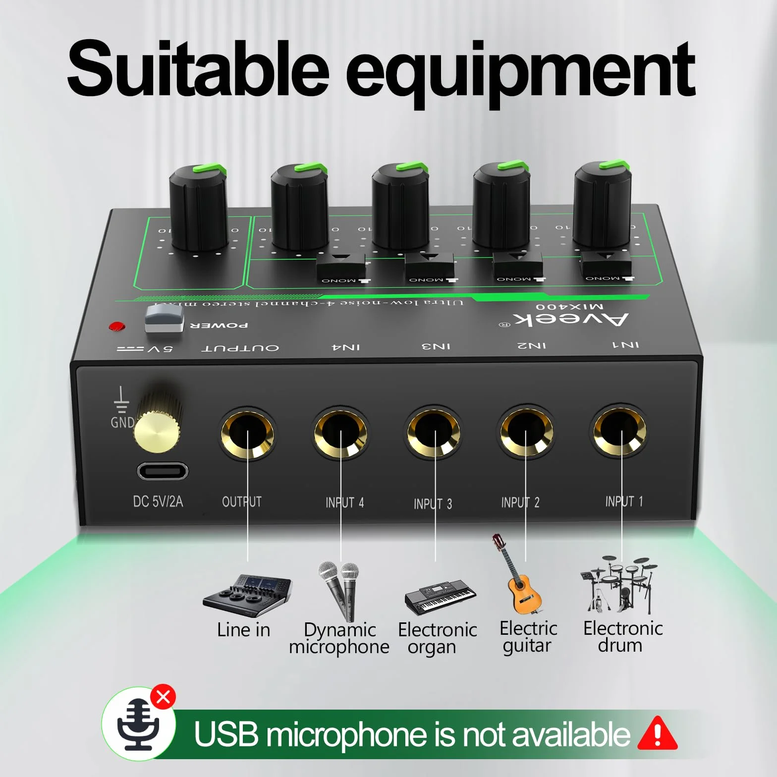 Aveek Mikser 4-kanałowy – mini 4-kanałowy mikser audio stereo, niski poziom hałasu dla precyzyjnego podmieszania, wejście/wyjście TRS 1/10.2 cm idealny do mikrofonów/gitar/basów/scen