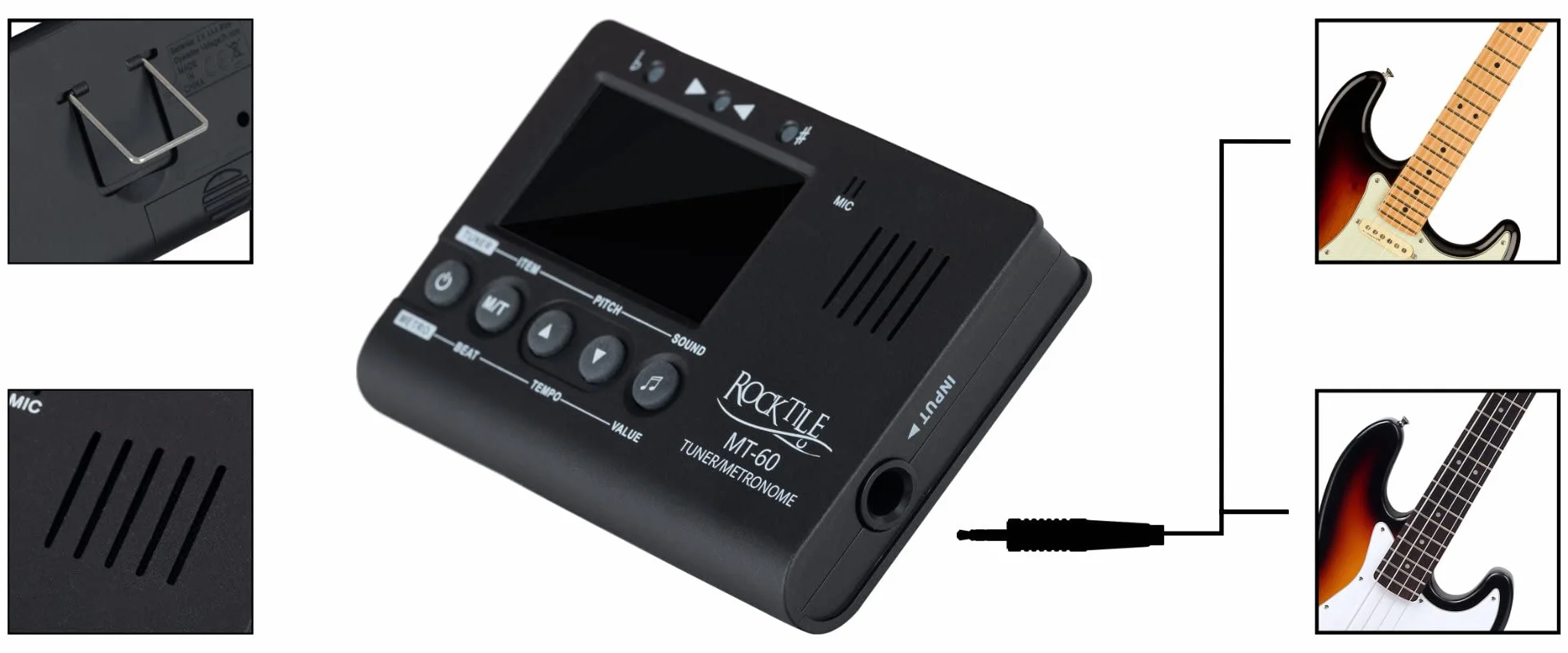 Rocktile MT-60 tuner metro – stroik z mikrofonem i czujnikiem piezoelektrycznym – nadaje się do wszystkich instrumentów – 5 trybów strojenia – metronomy – generator dźwięku – głośnik i wyjście na