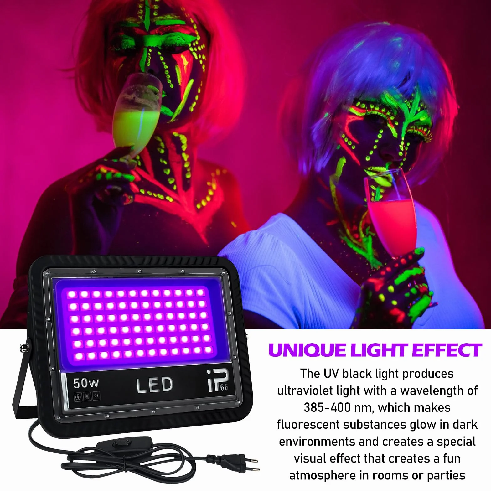 2 sztuki reflektorów UV LED z czarnym światłem 50 W, reflektor LED UV, wodoszczelny, czarne światło, światło UV z przełącznikiem, nadaje się na imprezy, oświetlenie sceniczne, malowanie ciała, wystawy