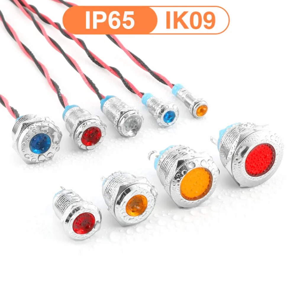 GUUZI 12mm Lampka Kontrolna LED 12-24V Wodoodporna Lampka Sygnalizacyjna Panel Metalowy Wskaźnik LED Lampka Sygnalizacyjna Mocowanie Panelu Głowica Płaska z Przewodami Srebrny Skorupa(Zielony, 4 szt)