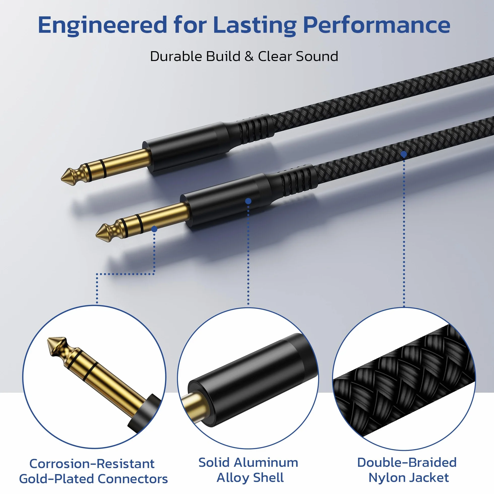 RUXELY Kabel instrumentu 6,35 mm TRS 1M 2-Pack, Lead Balansowany Stereo Audio 1/4 Cal męski 6.3 Jack,Cord 6.35 do gitary elektrycznej,bas,Klawiatura,Mikser,Wzmacniacz Amp,Głośnik