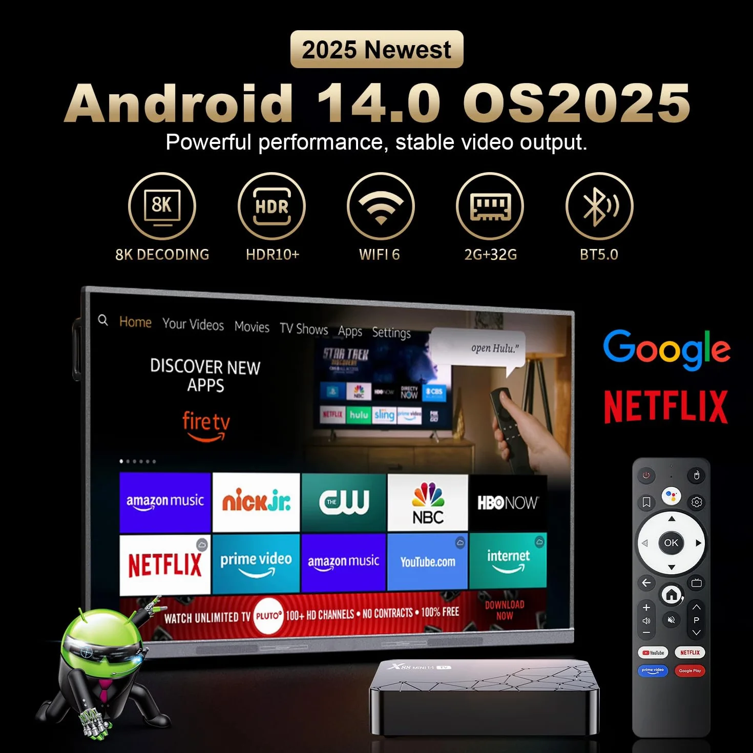 GREVA Android 14.0 TV Box, 8K UHD-rozdzielczość Android Box 2GB RAM 32GB ROM RK3518mini Quad-Core 64bit Cortex-A53, 2.4GHz/5.0GHz Dual Wifi6 10/100M LAN Enternet Bluetooth 5.0 USB3.0 Smart TV Box 3D
