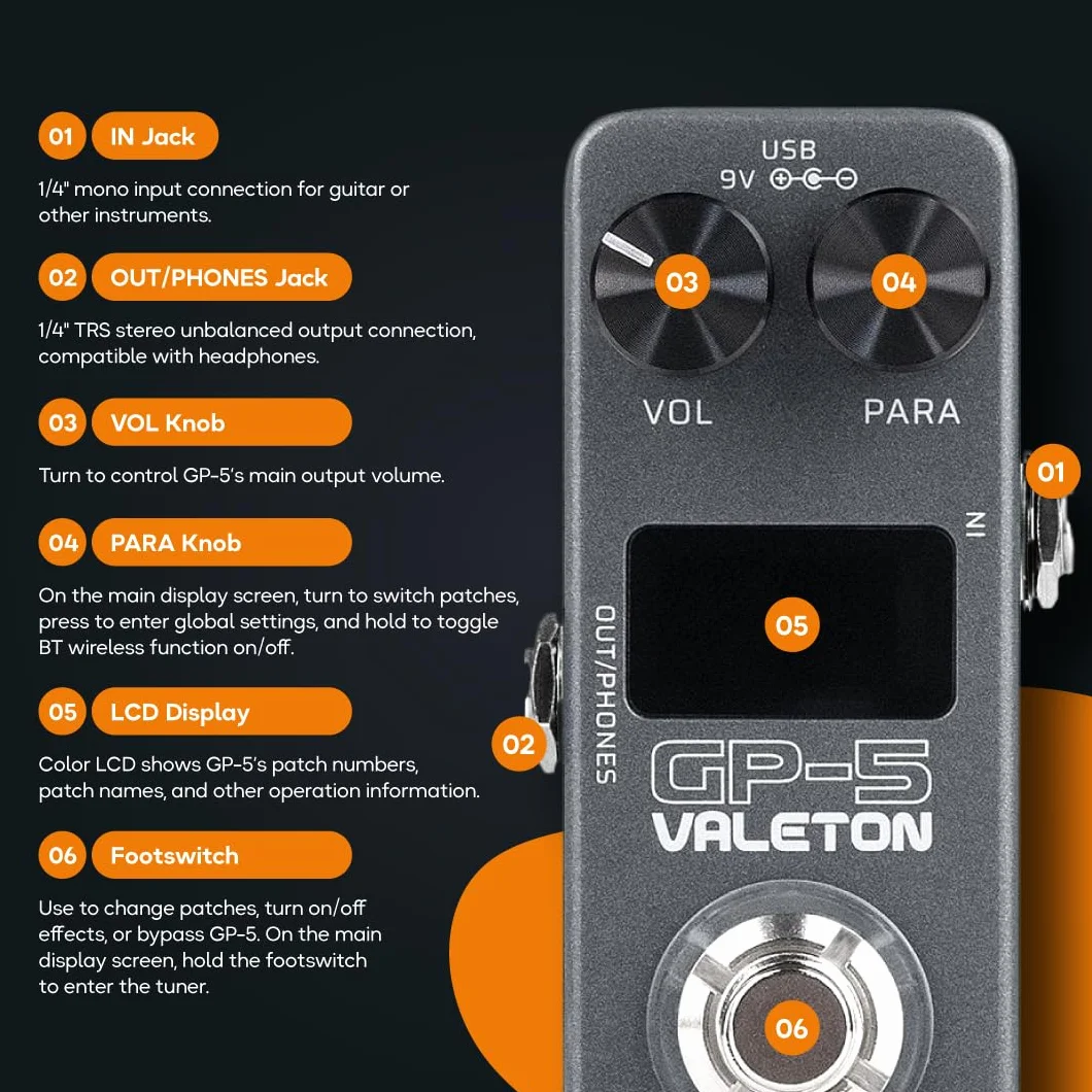 Valeton Kompaktowy procesor wielofunkcyjny GP-5 – SnapTone i ładowarka IR, ponad 100 efektów, Bluetooth, interfejs audio USB
