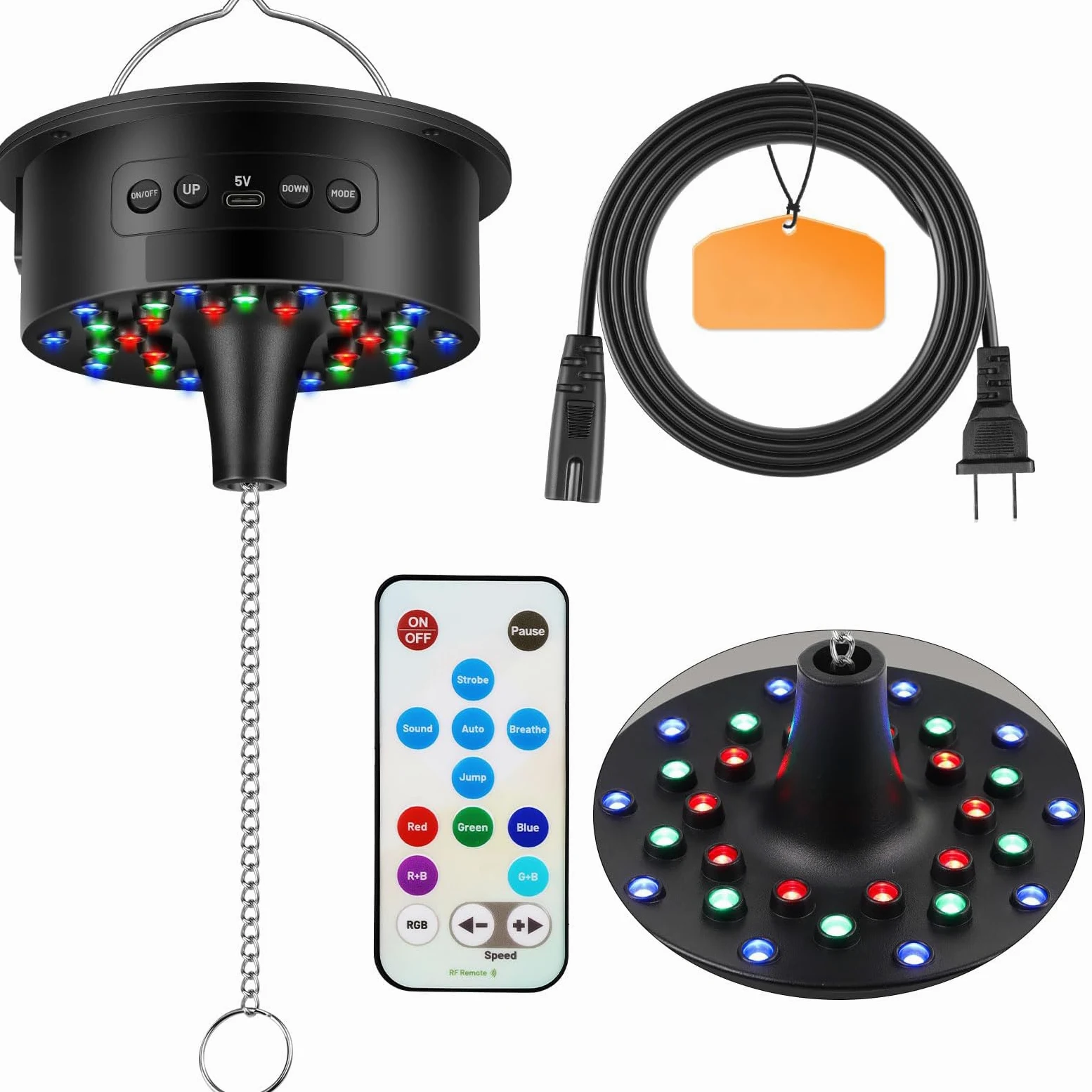 Silnik z kulką dyskotekową z pilotem zdalnego sterowania, regulowana prędkość obrotowa 3-15 obr./min, 30 diod RGB LED, bateria/USB-C/kabel, do kulek lustrzanych 10-40 cm – oświetlenie na