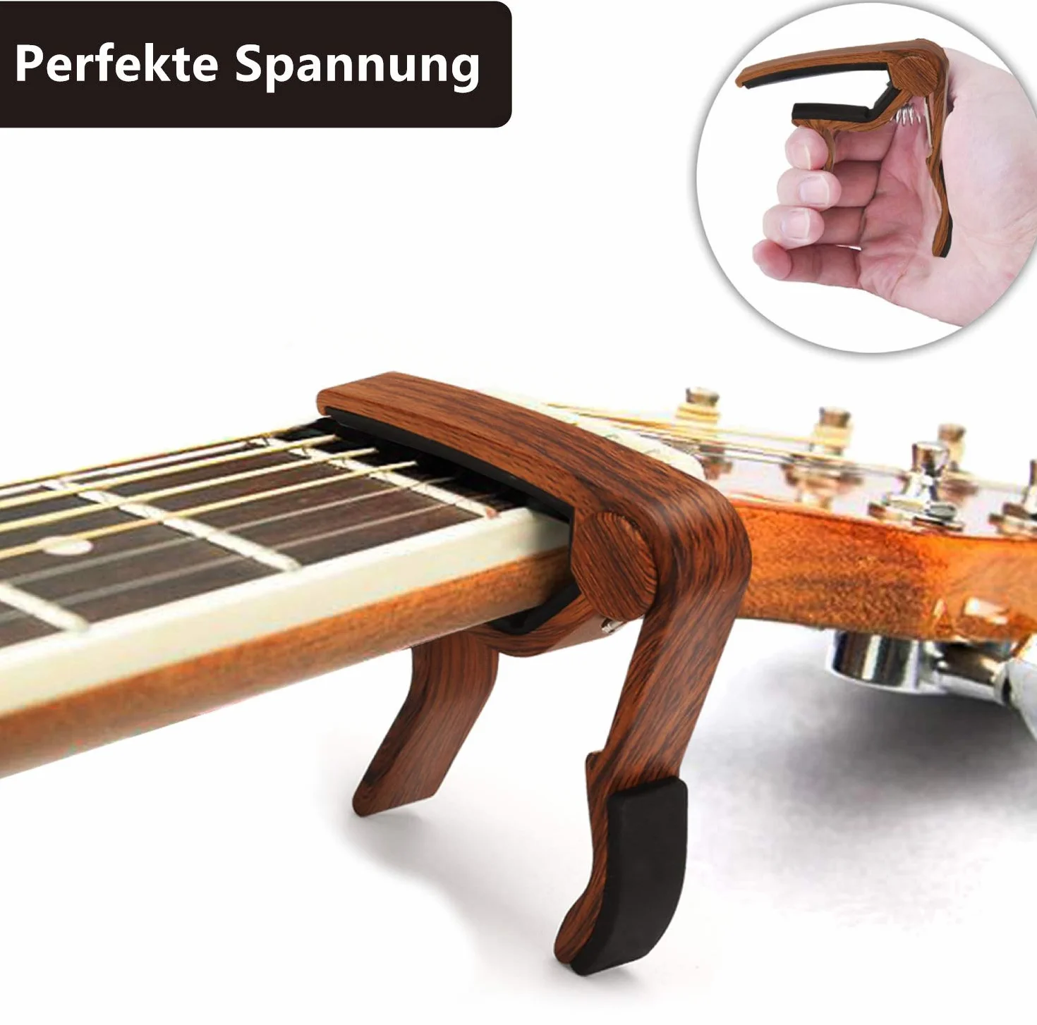 VOARGE Gitara Capo, Kapodaster Trigger Capodaster Rubost Stop cynku Kapo, do gitary akustycznej, ukulele, gitary elektrycznej, basu z kolorem drewna kostka Mirabow