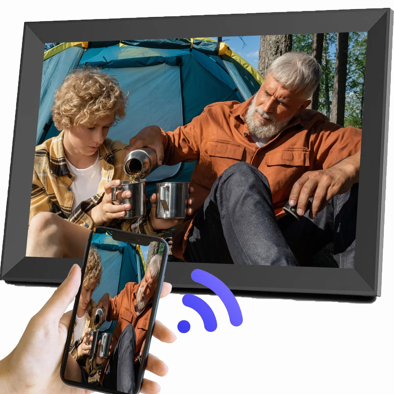 Cyfrowa ramka na zdjęcia Wi-Fi 10,1 cala, Camnoon cyfrowa ramka na zdjęcia z IPS, automatycznie obracany ekran, ekran dotykowy 1080P z pamięcią wewnętrzną 16 GB, aplikacja, czytnik zdjęć