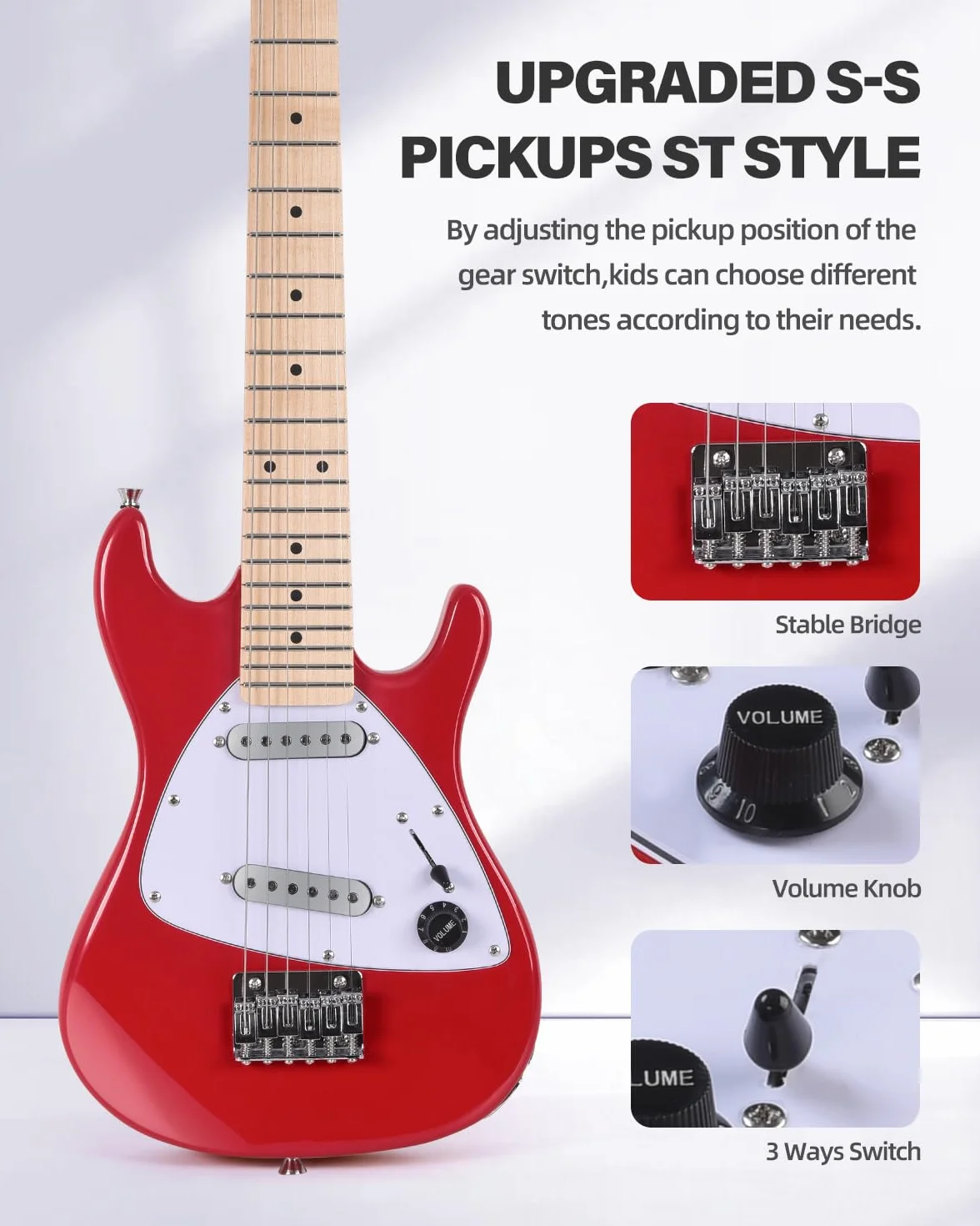 Winzz Zestaw gitarowy dla dzieci 30-calowy, mini gitara elektryczna juniorska (rozmiar 1/4) dla dzieci, kompletny zestaw dla początkujących z wzmacniaczem, połyskujący kolor czerwony
