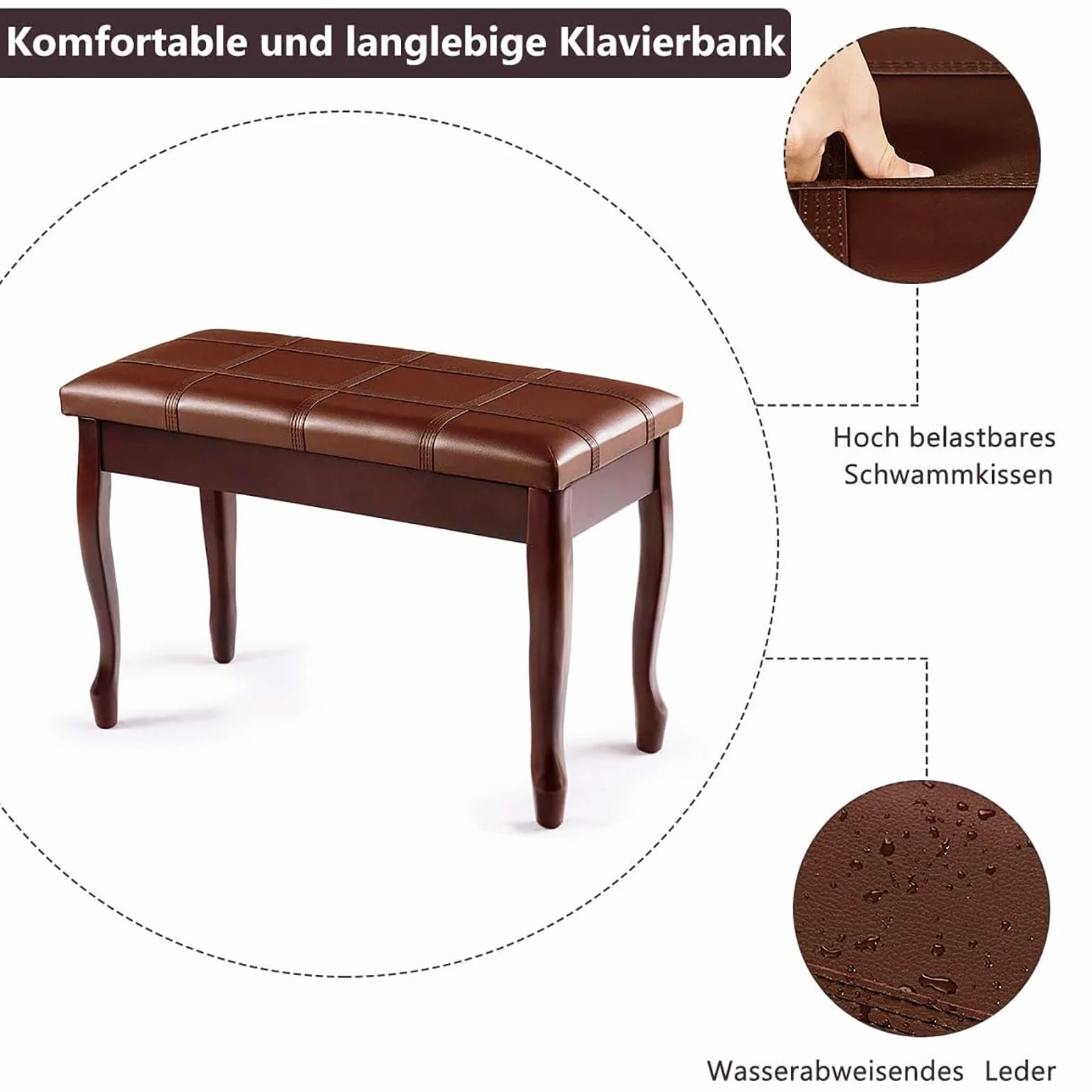 COSTWAY Ławka fortepianowa, taboret fortepianowy z litego drewna, wyściełana, ławka fortepianowa, ławka do siedzenia na keyboardzie, 75 x 35 x 49 cm (brązowa)