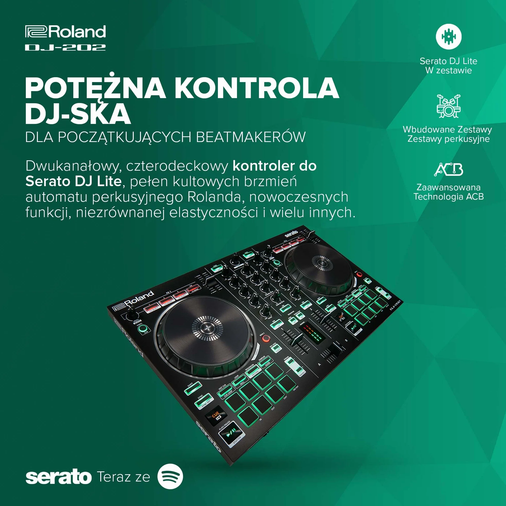 Roland DJ-202 Kompaktowy Kontroler DJ 2-Kanałowy 4-Seckowy do Serato DJ Lite Duże Talerze Niskie Opóźnienie