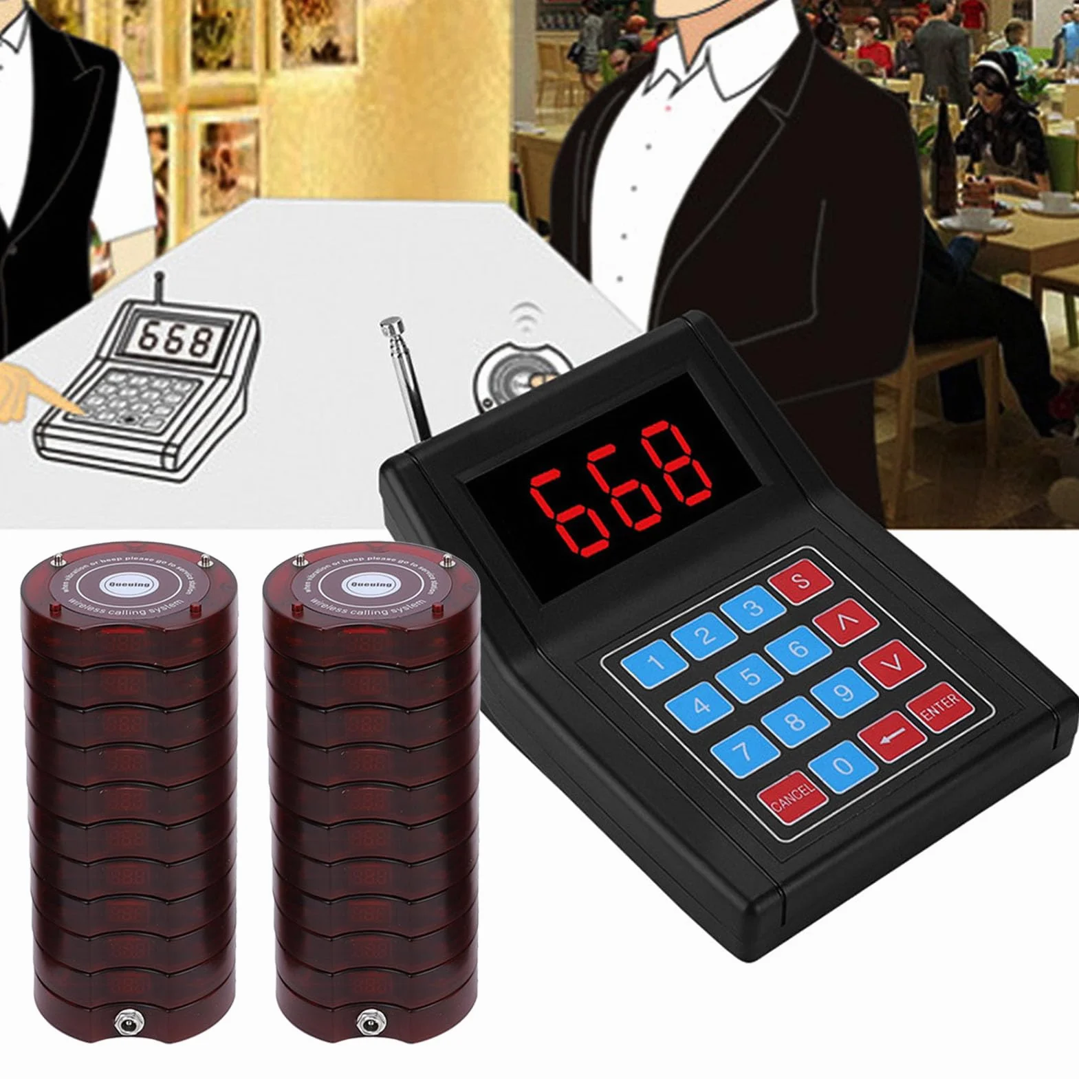 System Pagera Restauracyjnego SU-668, 20 Pagerów Brzęczyków z Wibracjami, Miganiem, Systemem Przywoływania Kolejek, Bezprzewodowy System Przywoływania Gości Klientów (wtyczka UE)