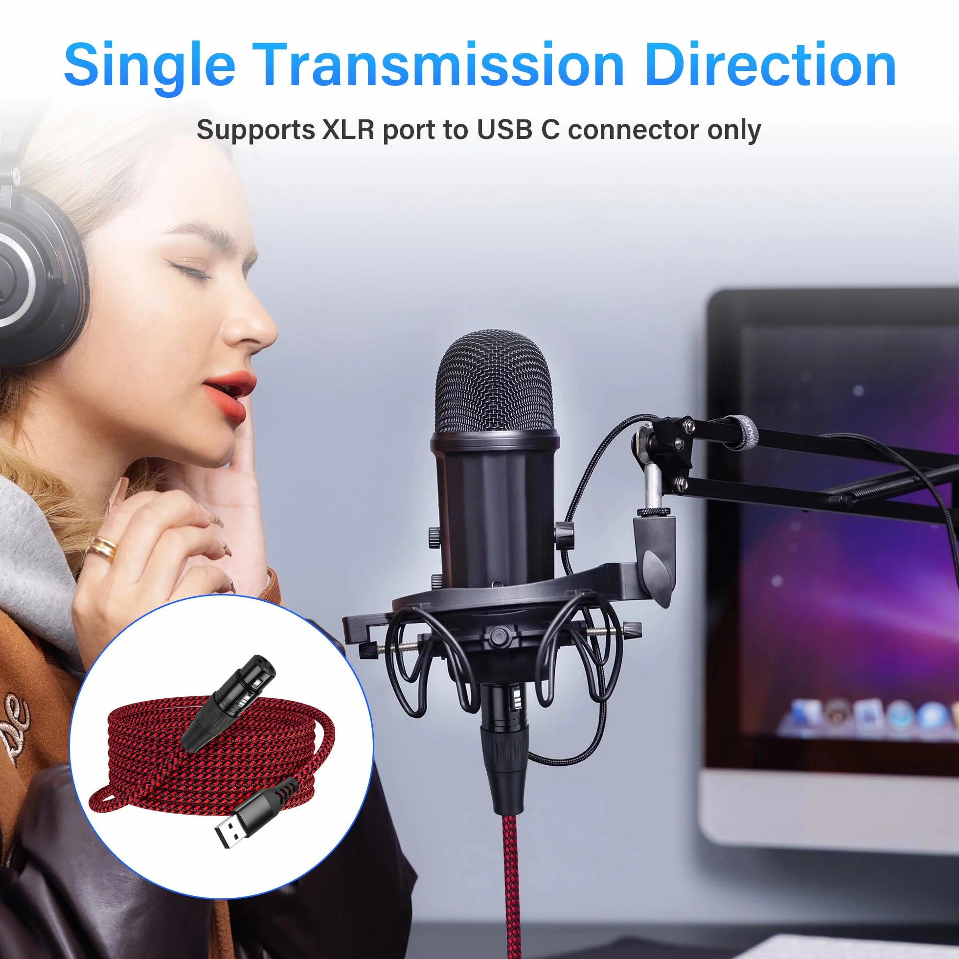 SinLoon Kabel mikrofonowy XLR na USB, 3-biegunowe gniazdo XLR na adapter USB-A | 2m/6,5FT pleciony kabel audio do połączeń z PC i urządzeniami nagrywającymi