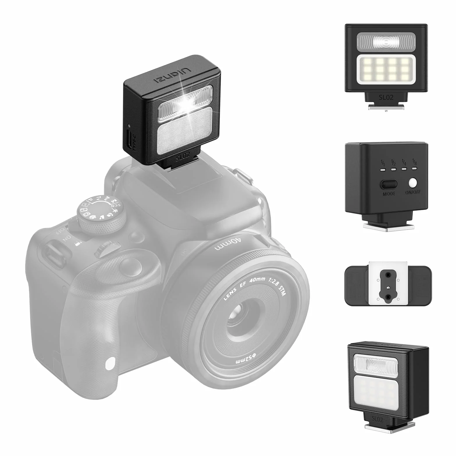 ULANZI SL02 Mini Lampa błyskowa Speedlite z lampą wideo, GN8 6500K Mini lampa błyskowa do aparatów Canon Fuji Sony Nikon i innych cyfrowych aparatów SLR, 4 poziomy mocy Lampa błyskowa do aparatu