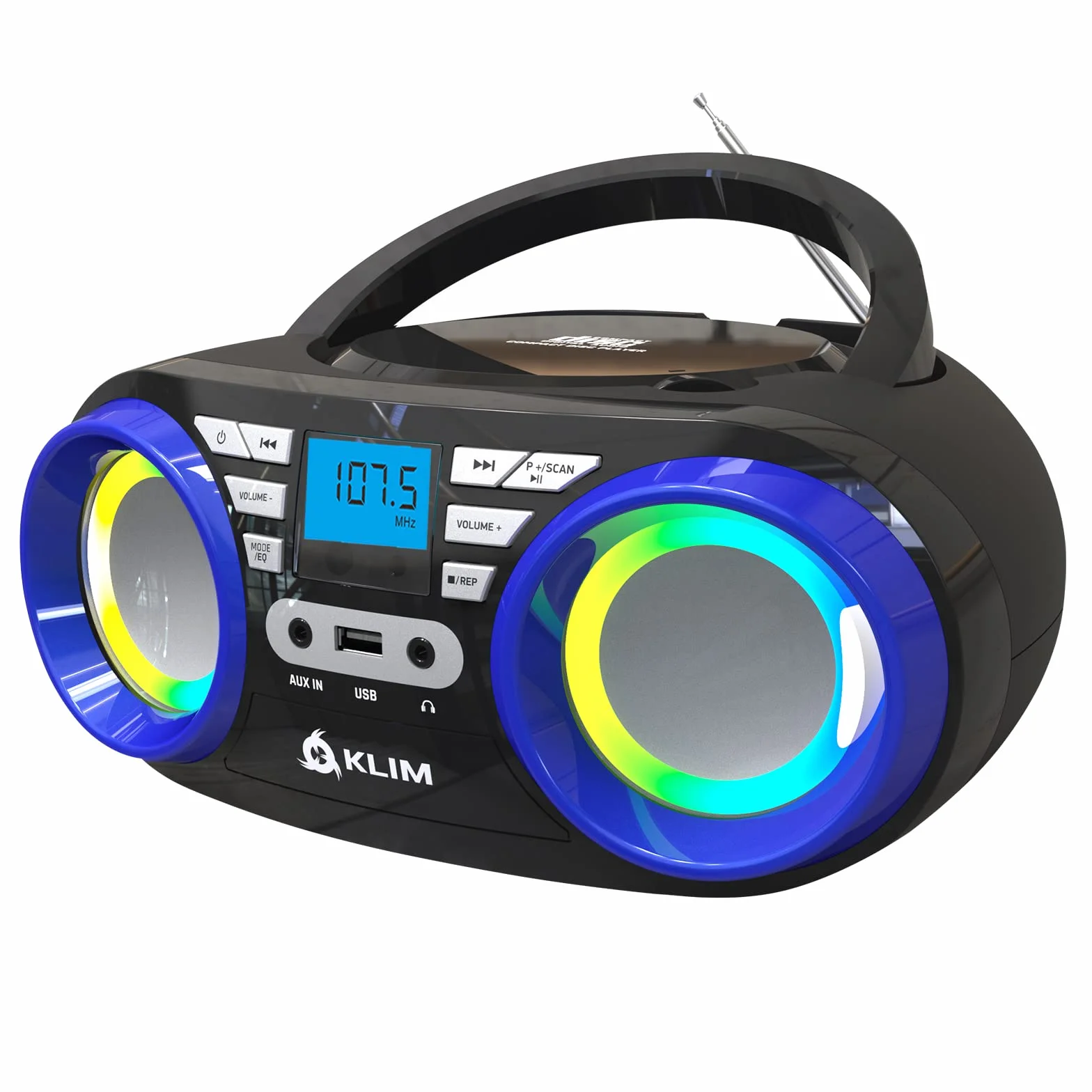 KLIM Boombox B3 przenośny odtwarzacz CD – Nowość 2024 – radio FM, CD, Bluetooth, USB, MP3, Boombox CD, tryb przewodowy i bezprzewodowy z bateriami do ładowania, obiektyw laserowy, przenośny odtwarzacz