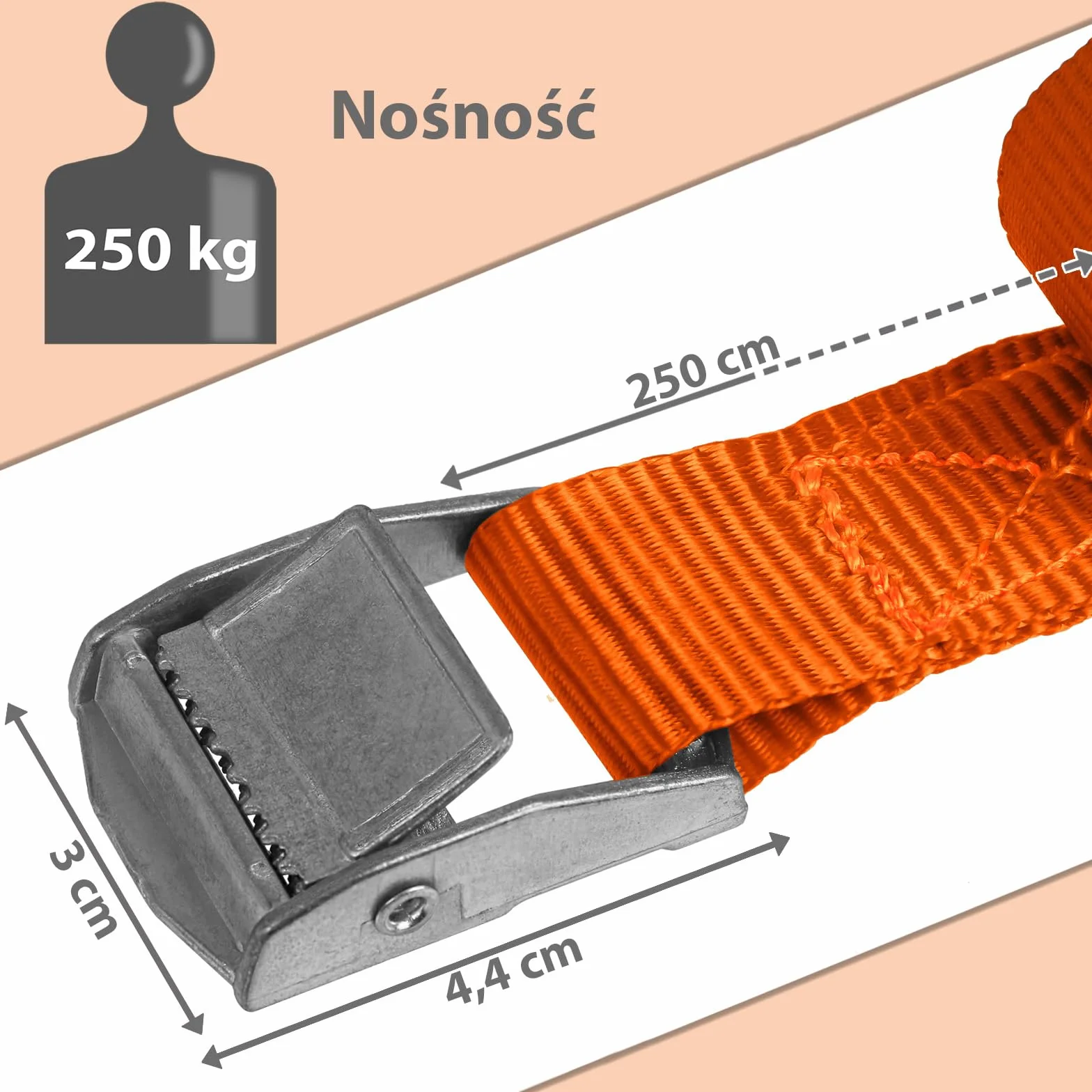 Pas mocujący pasy zabezpieczające spinające bagaż - nośność do 250 kg DIN EN 12195-2, 4 sztuki 2.5 cm x 2.5 m