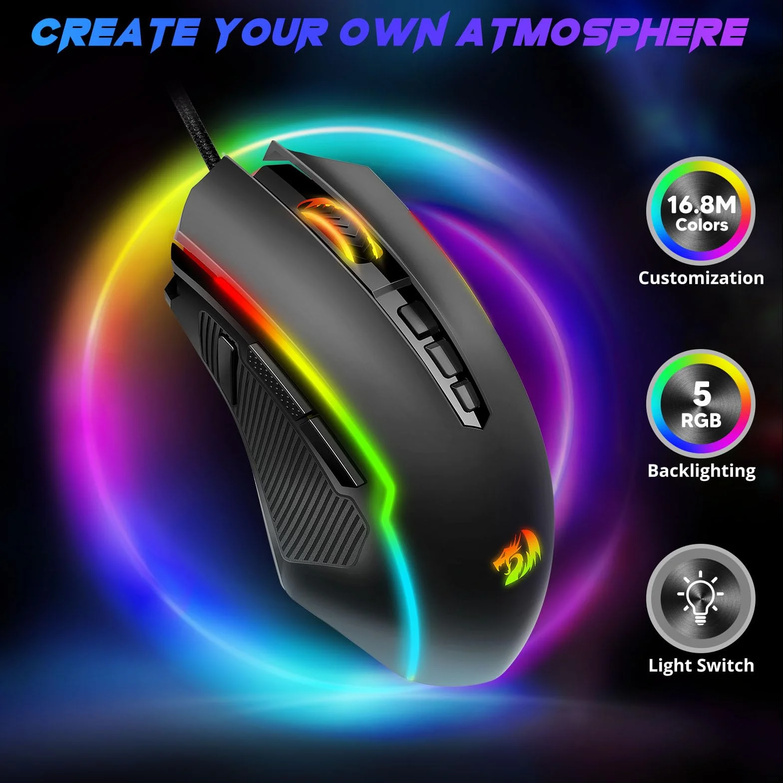Redragon Mysz gamingowa RGB, przewodowa z 9 programowalnymi przyciskami makro, chromowane podświetlenie RGB, regulacja 8000 DPI, mysz do gier komputerowych z przyciskiem Fire do Windows/Mac, czarna,