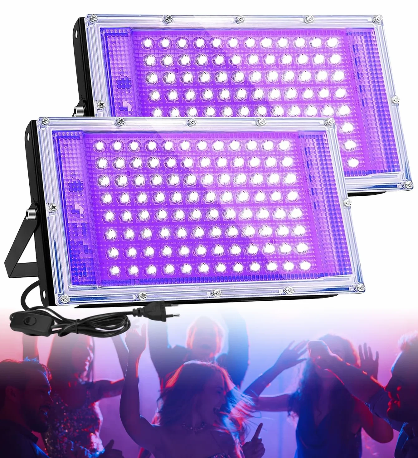DASIAUTOEM Reflektor LED z czarnym światłem 100 W, 2 sztuki, klasa wodoszczelności IP65, 96 diod LED, czarne światło, UV z wtyczką, na dyskotekę, imprezę, Halloween, oświetlenie sceniczne