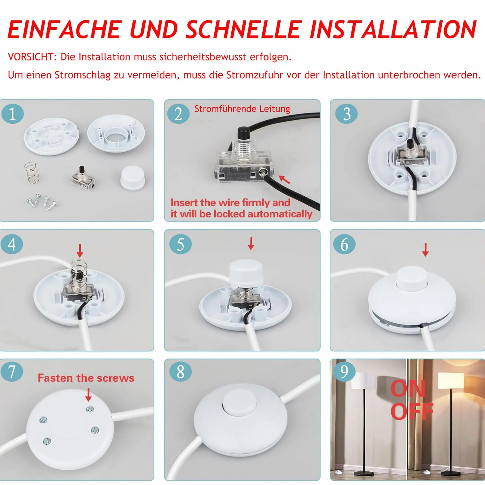 Powice Włącznik nożny, okrągły, biały, 3 A, 250 V, lampa stojąca, przełącznik pedału
