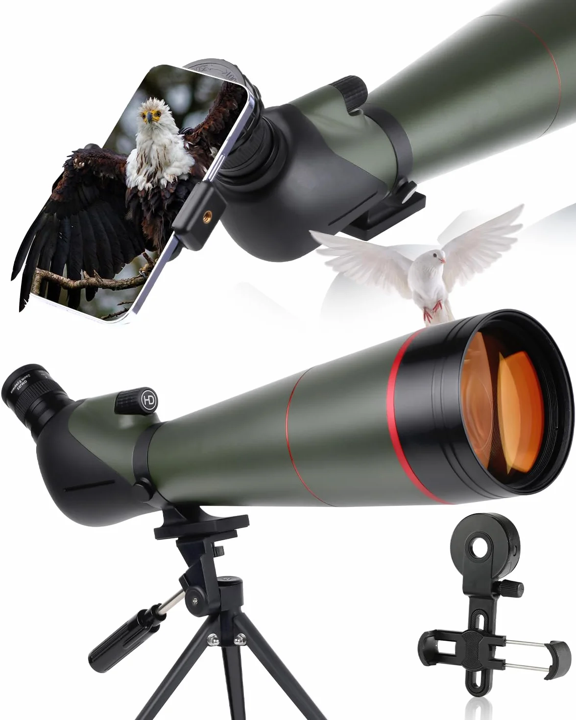 25-75 x 100 HD strzelanka sportowa z adapterem statywu i smartfona, Zoom Bak4 Prism FMC Lens 45-stopniowy teleskop do obserwacji ptaków, dzikiej przyrody, polowania, obserwacji dzikich zwierząt (100 g