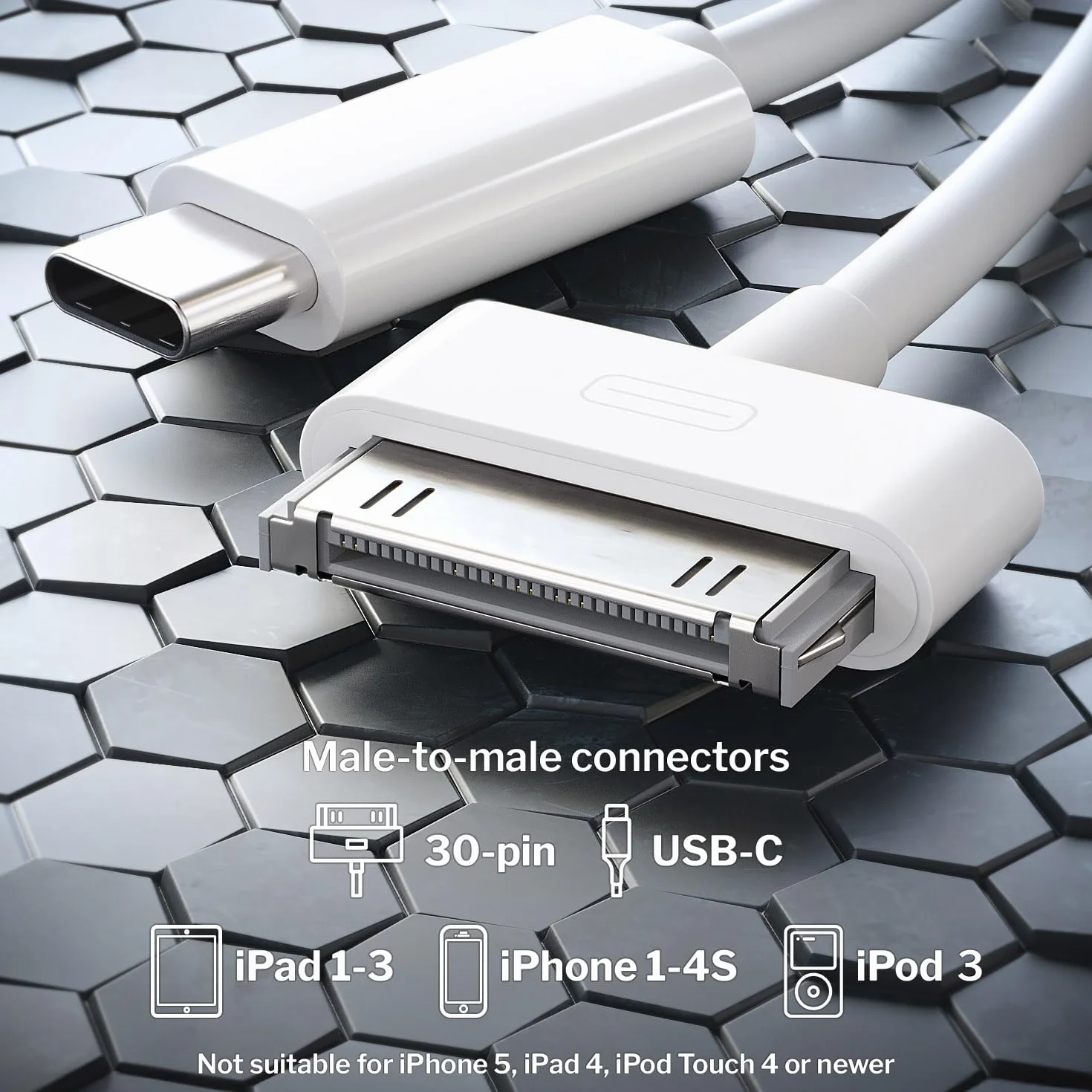 KabelDirekt – Kabel adapter 30-pin do USB-C dla iPhone, iPad, iPod – 1m (kabel danych/ladujący/synchronizacyjny USB-C do złącza Dock dla iPhone 4S/4/3G/3/1, iPad 3/2/1, iPod, biały)