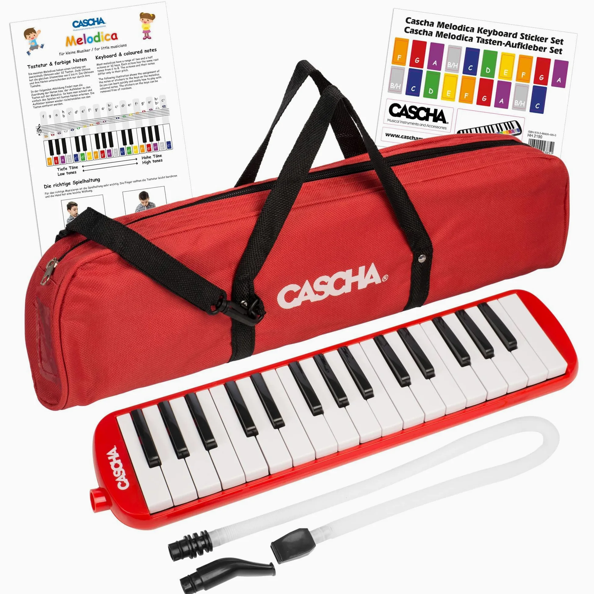 CASCHA Melodica z torbą i ustnikiem, instrument dla dzieci i początkujących, czerwony, HH 2059