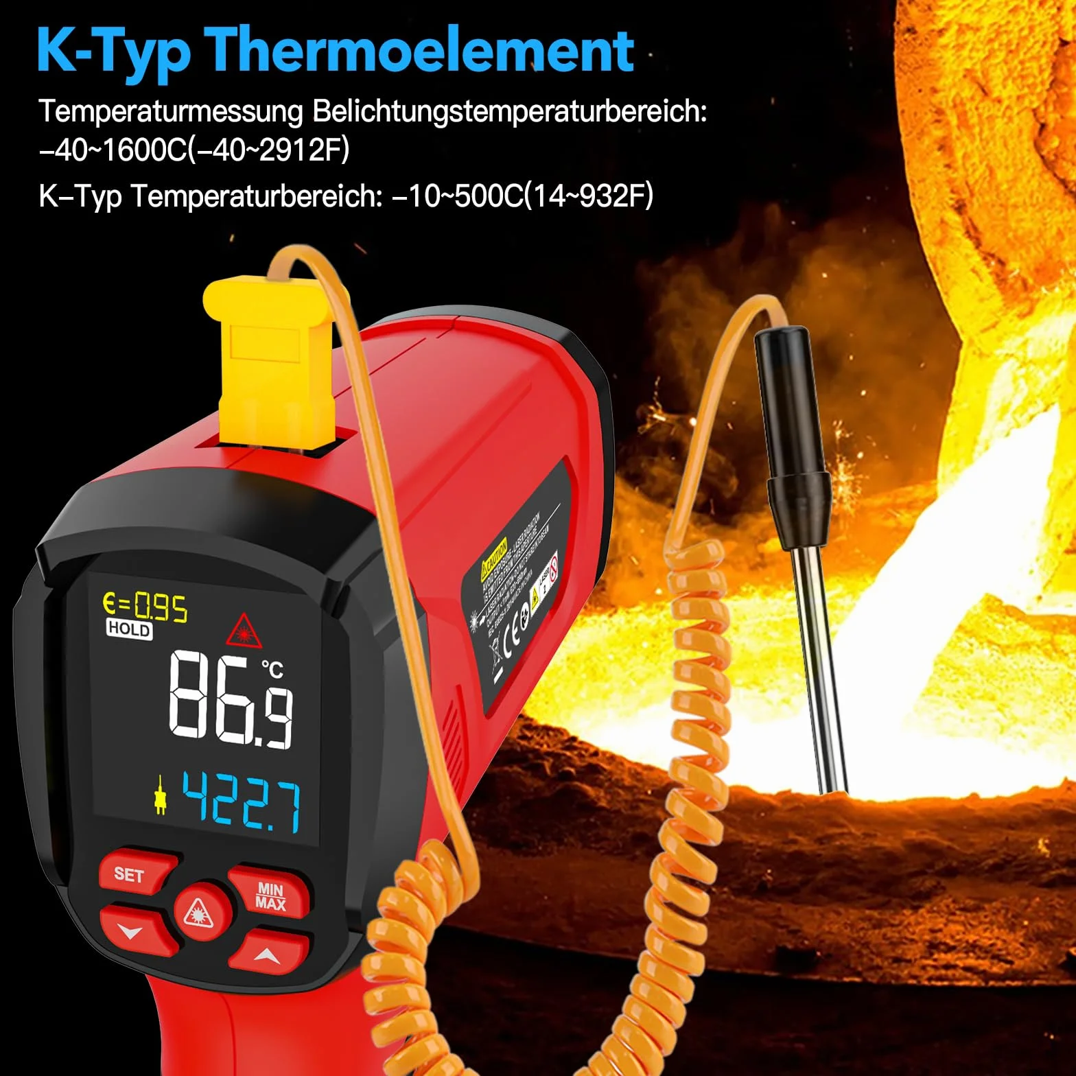 Termometru na Podczerwień Pirometr MESTEK 50:1 Pistolet Temperaturowy, -40℃ do 1600℃ Termometr Laserowy z Kolorowym LCD do Przemysłowego Wytopu Metali Kucia HVAC,Regulowana Emisyjność