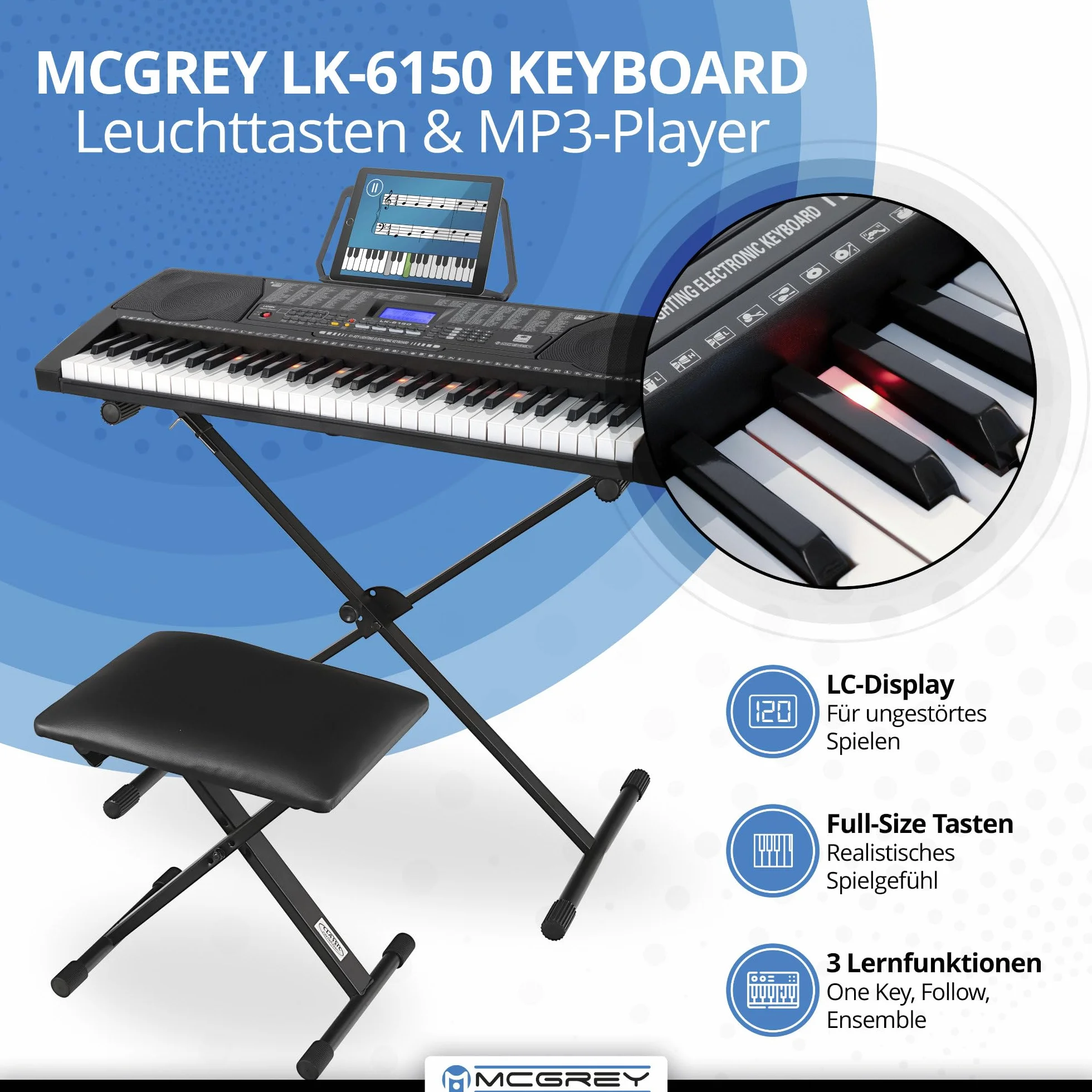 McGrey LK-6150 keyboard 61 klawiszy dla początkujących 255 dźwięków 255 rytmów MP3 czarny